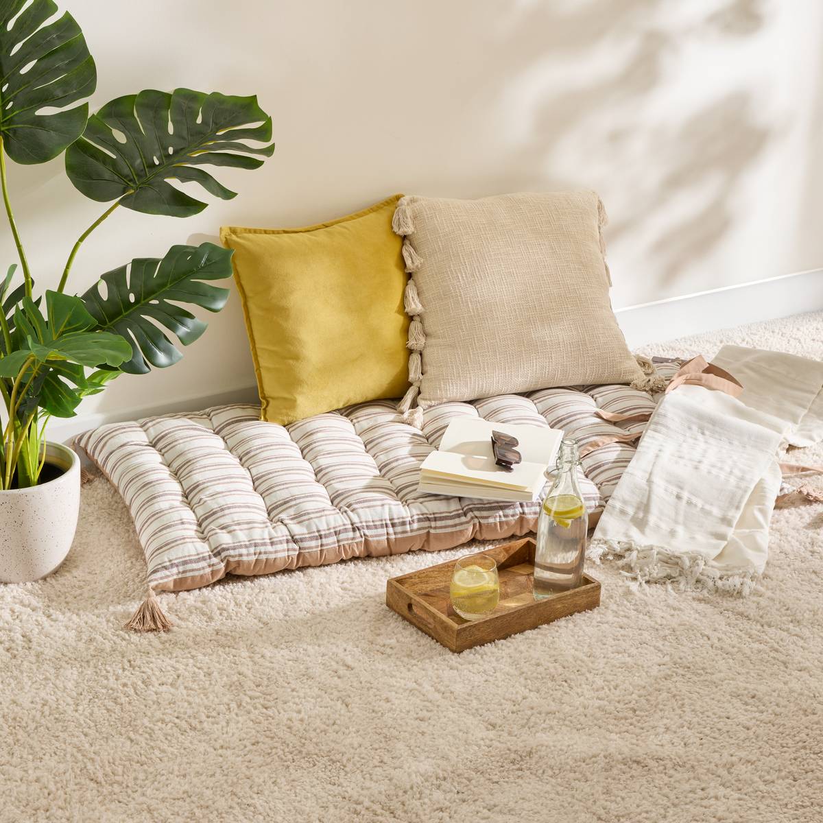 Floor Cushion "Groove" Beige Linen, 120x60 cm