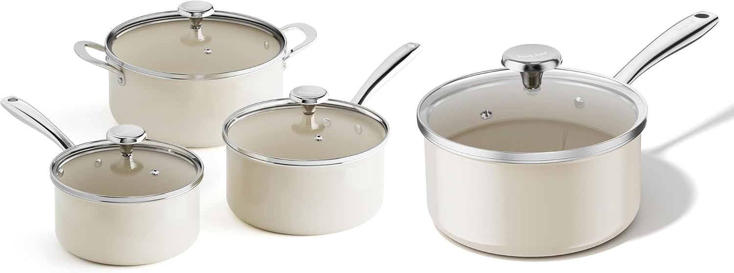 Redchef Cooking Pot Set Induction 5Qt, Saucepan Set 2.5/3.5Qt and 2.5QT Small Saucepan, Stay-Cool Handles, Oven/Dishwasher Safe, PTFE PFAS Free (Beige)
