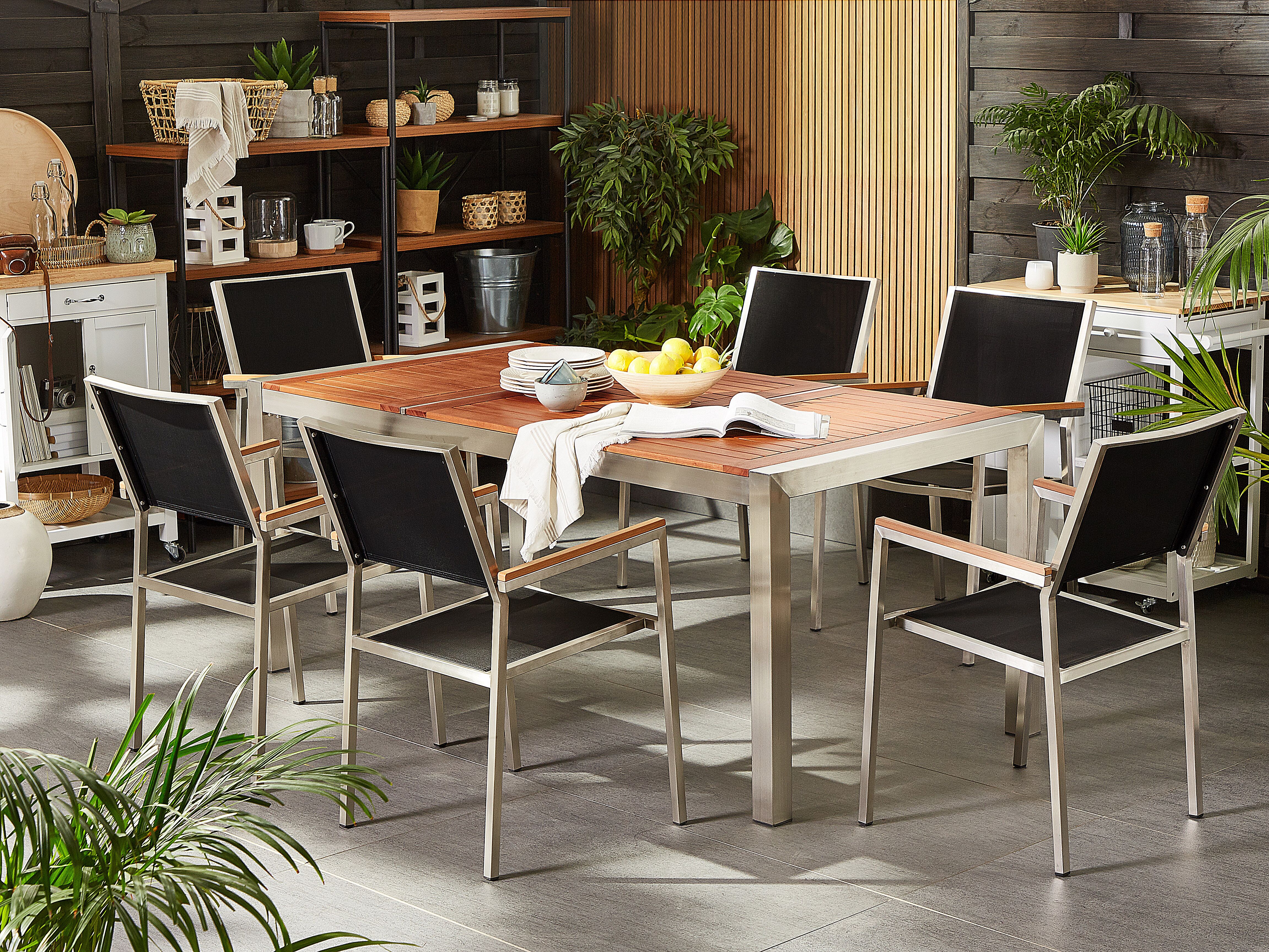 Garden Dining Set 6 Seater GROSSETO Eucalyptus Wood Brown/ Black