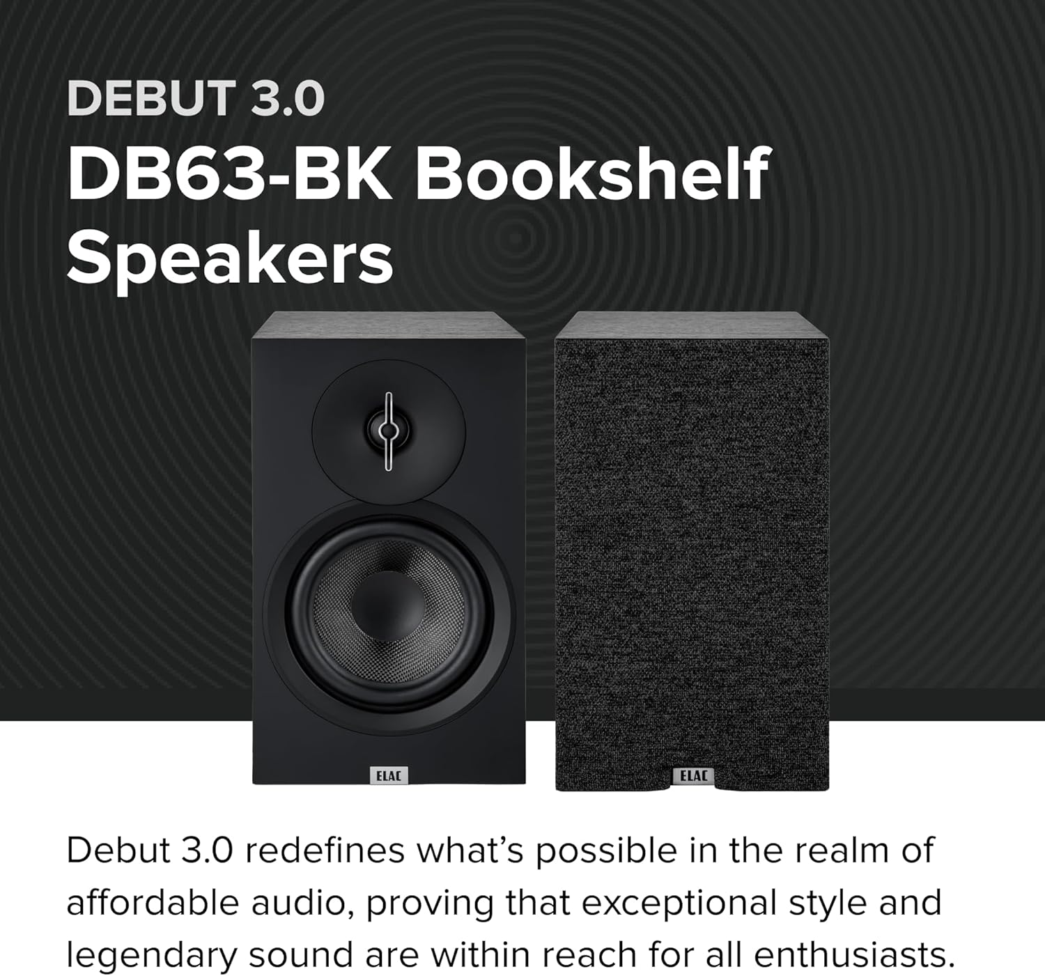 ELAC Debut 3.0 DB63-BK Bookshelf Speakers, Black Ash (Pair) - 1” Aluminum Dome Tweeter & 6.5” Aramid Fiber Woofer - 2-Way Bass Reflex - 42Hz to 38KHz Response