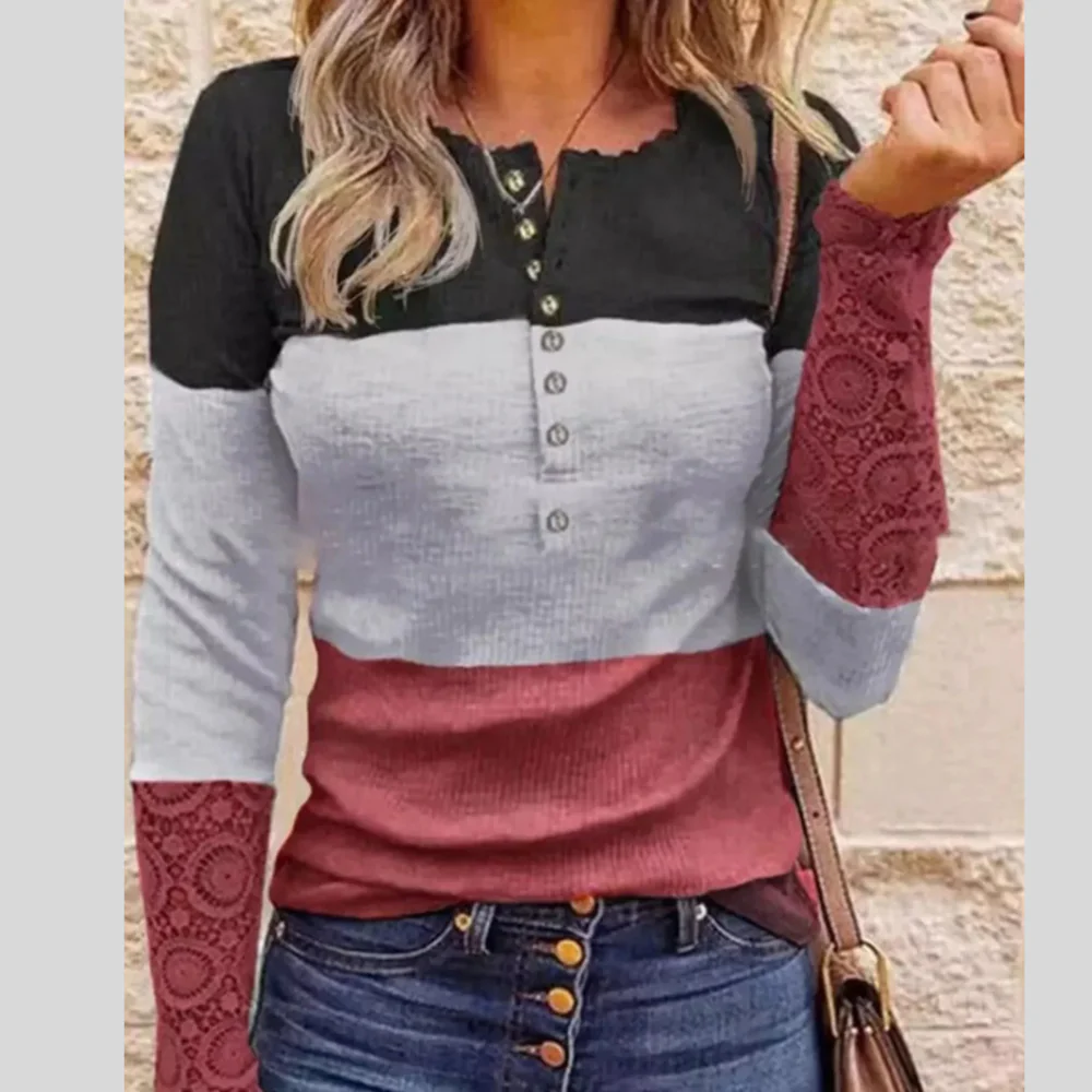 Color Block Lace Detail Half Button T-Shirt - ZKZOOK