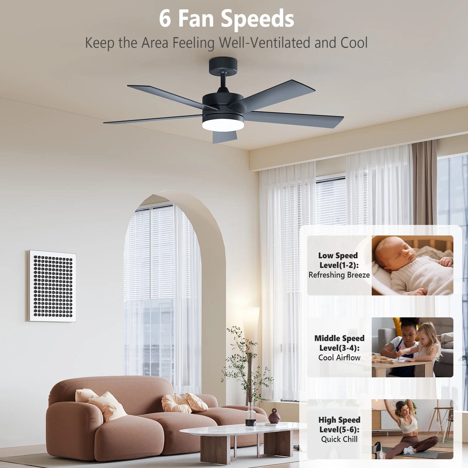 Crzoe Ceiling Fans with Lights, 52 inch Low Profile Ceiling Fan with Remote Control, Flush Mount, Reversible, 3CCT, Dimmable, Quiet, Black Small Ceiling Fan for Indoor/Outdoor Use