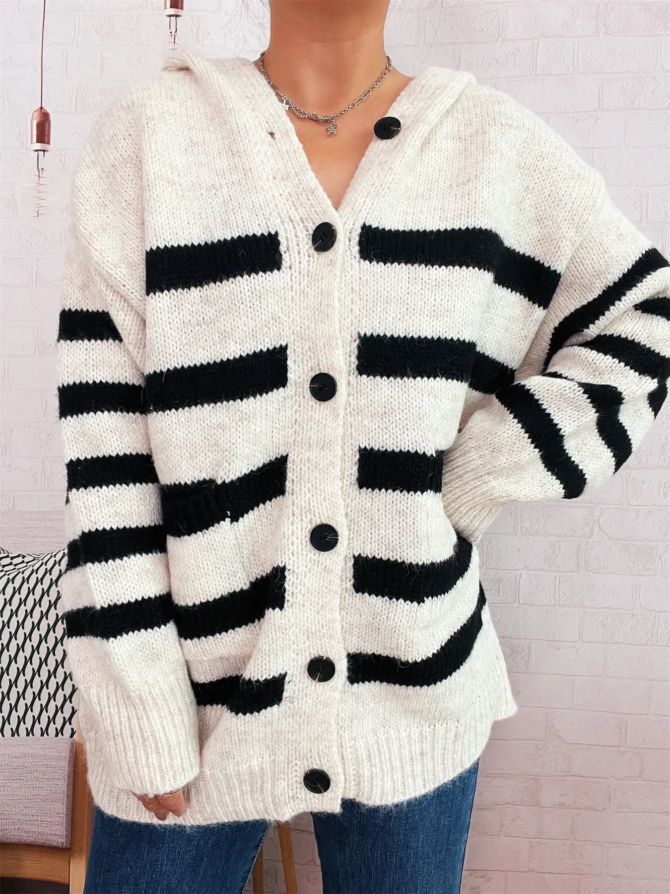 Striped Button-Up Hooded Cardigan - ZKZOOK
