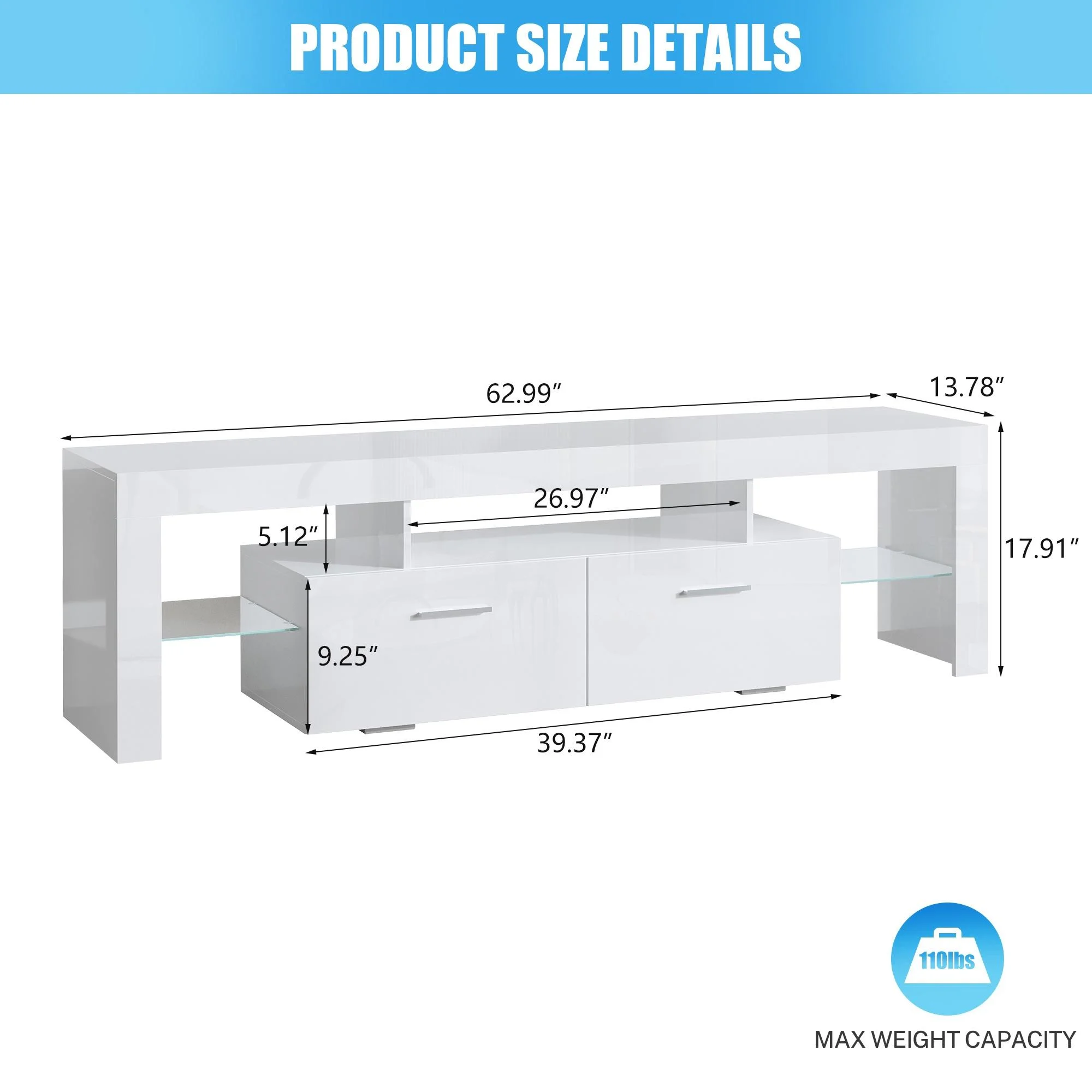 PAPROOS TV Stand for TVs up to 70", High Gloss TV Cabinet with LED Light, Modern TV Console Table with Storage Drawers, Media Television Stand Entertainment Center, White - Image 10