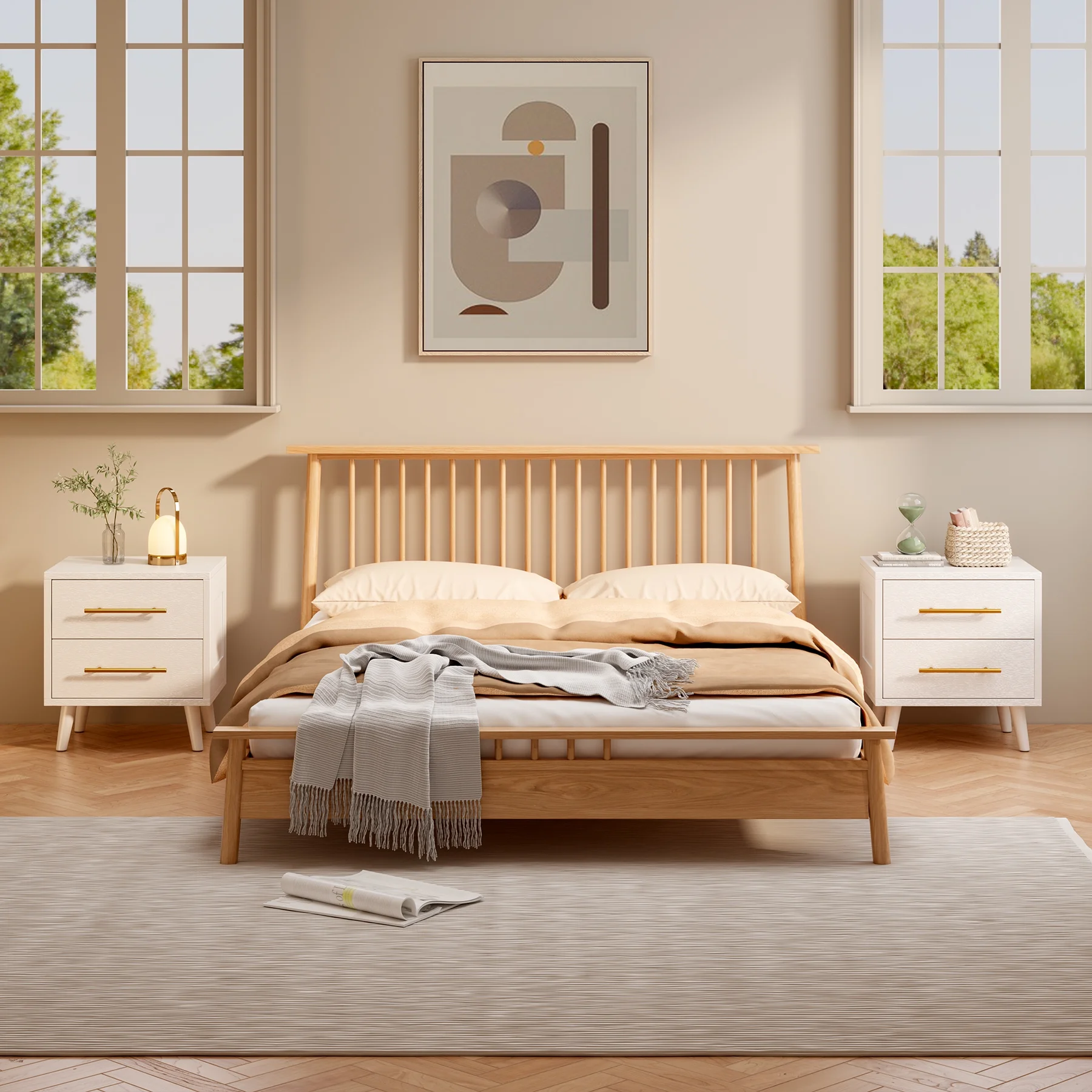 Bedroom Furniture Set - Includes Queen Bed Frame, Nightstands Set of 2, 5-Drawer Dresser & Vanity Desk - Modern Storage Solution for Stylish Home Decor, Beige/White