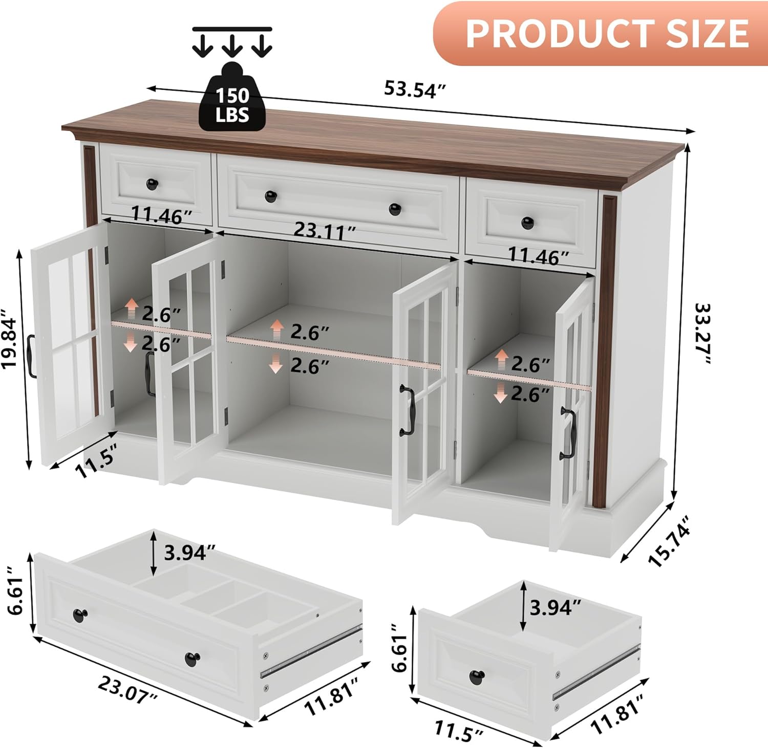 Sideboard Buffet Cabinet with Storage and Glass Doors,4-Door Cabinet with 3 Drawers,53.5