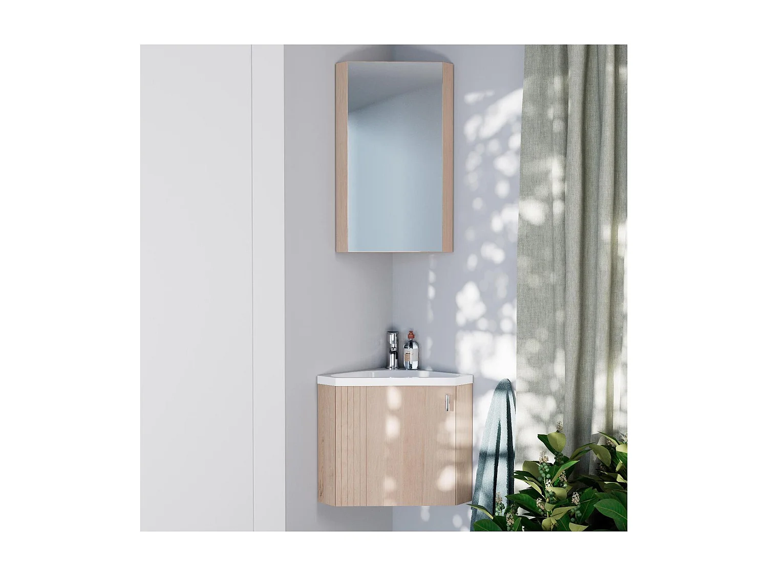 Meuble lave-mains d'angle décor chêne KODA + robinet + armoire miroir