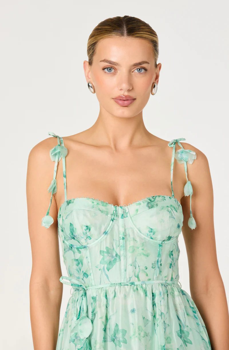 Halcyon Floral 3D Flower Appliqué Midi Dress -  Green floral