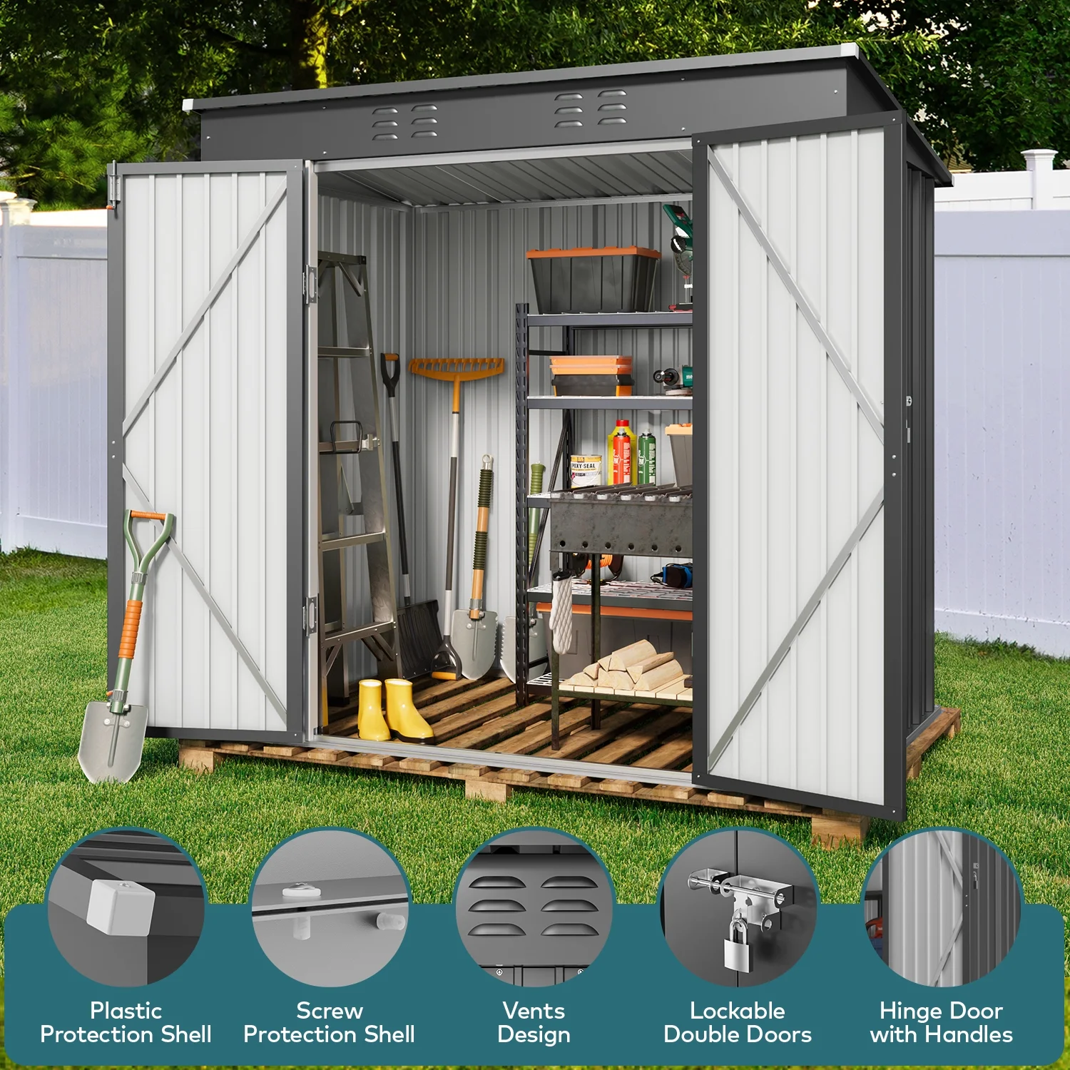 5'x3' Outdoor Storage Shed, Lofka Metal Storage Tool Shed with Single Lockable Door, for Bike| Garden Tools| Patio, Grey - Image 44
