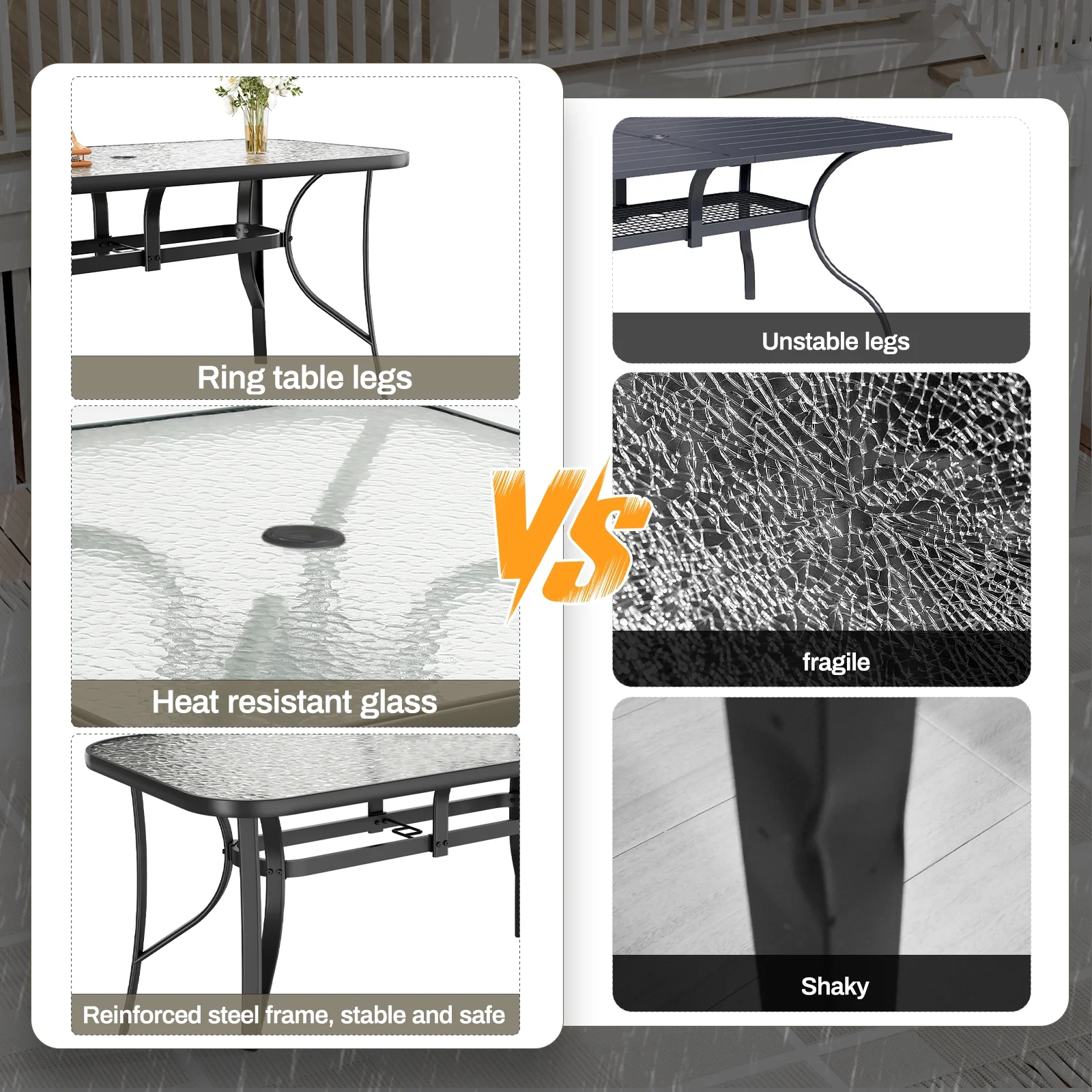 Arlopu Patio Rectangular Tempered Glass Dining Table, All-Weather Use, Outdoor Table for Garden & Backyard - Image 9