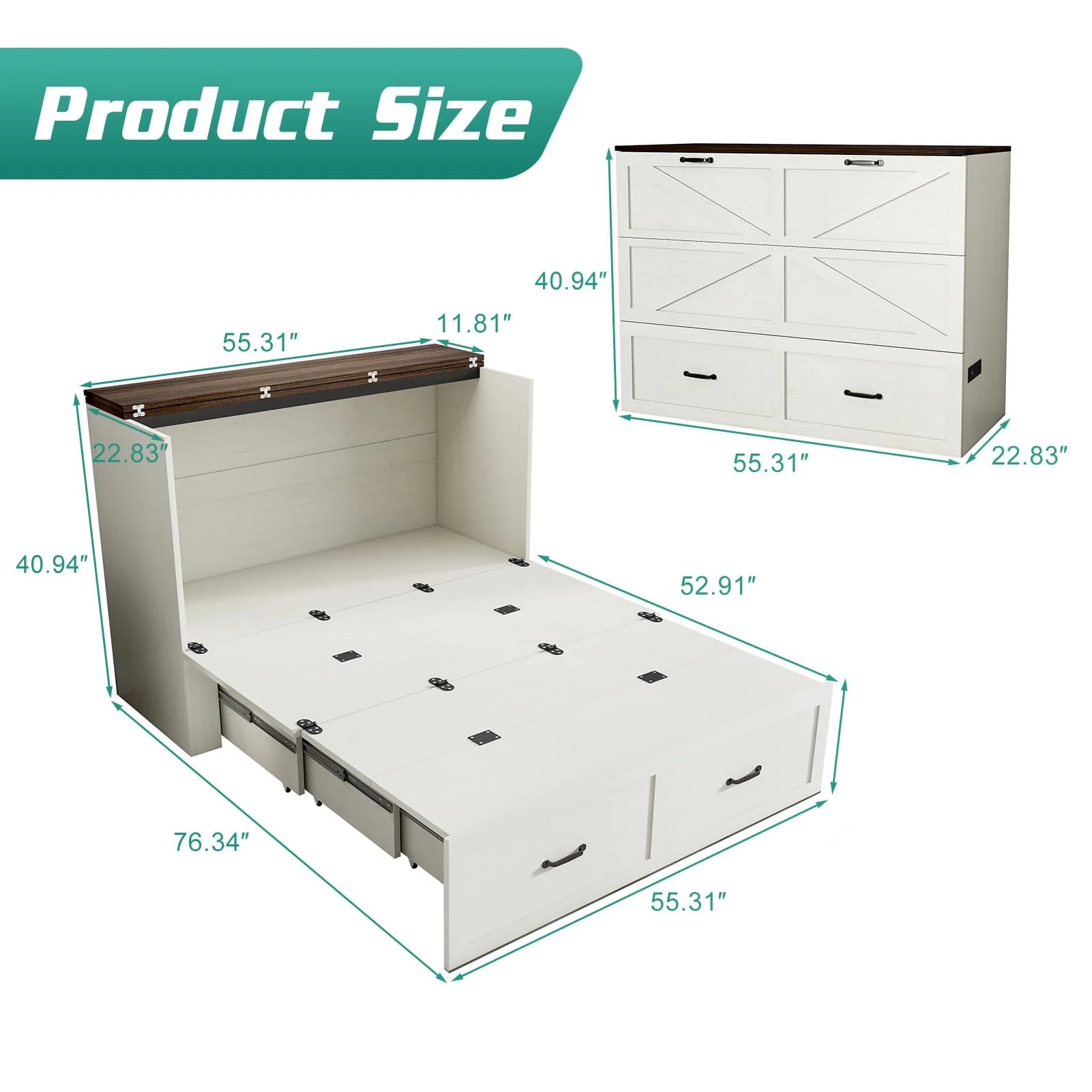 ANPOO Full Size Murphy Chest Bed with Drawer and Power Outlets, Farmhouse Wood Hidden Folding Bed Chest w/2 Storage Drawers, Multifunctional Storage Cabinet Bed for Bedroom,White