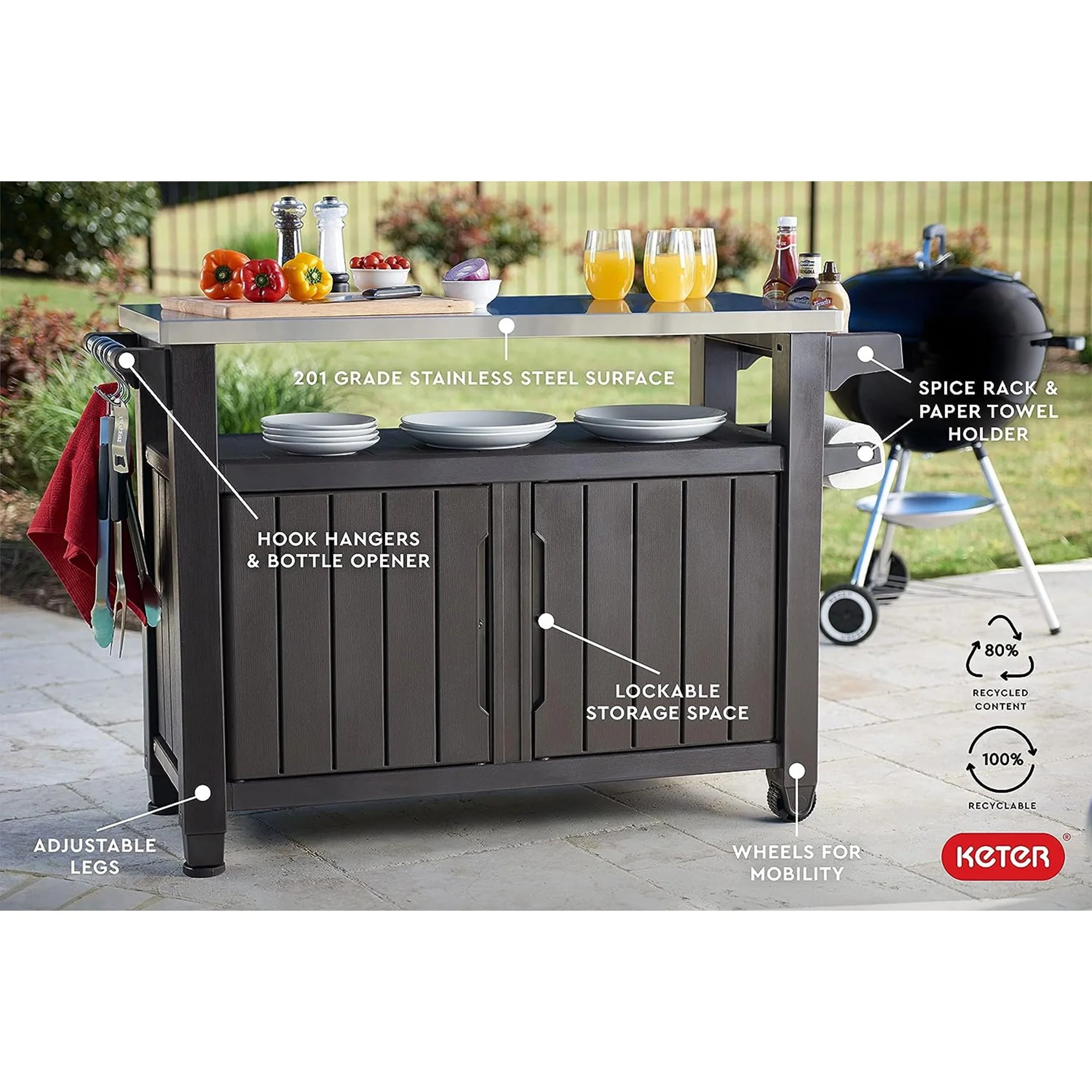Keter Unity XL Outdoor Kitchen Bar Rolling Cart with Storage Cabinet, Brown - Image 9