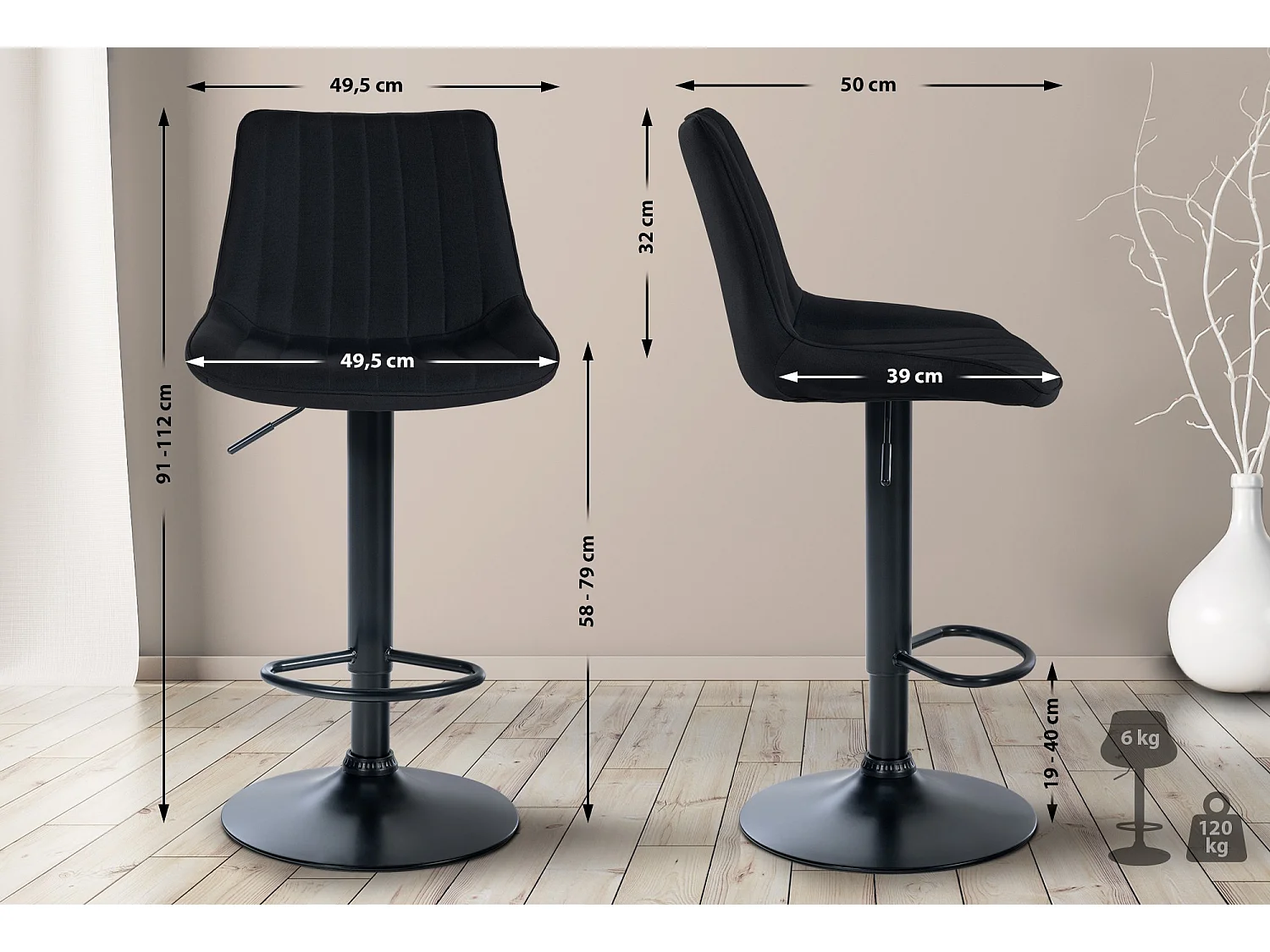 Tabouret de bar - Tissu & Noir - Noir - Toni