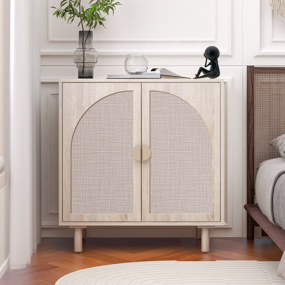 Tcbosik Rattan Storage Cabinet, Boho Sideboard Buffet Cabinet, Accent Cabinet with 2 Doors and Adjustable Shelves, Living Room, Kitchen, Dining Room, Hallyway, Black - Image 5