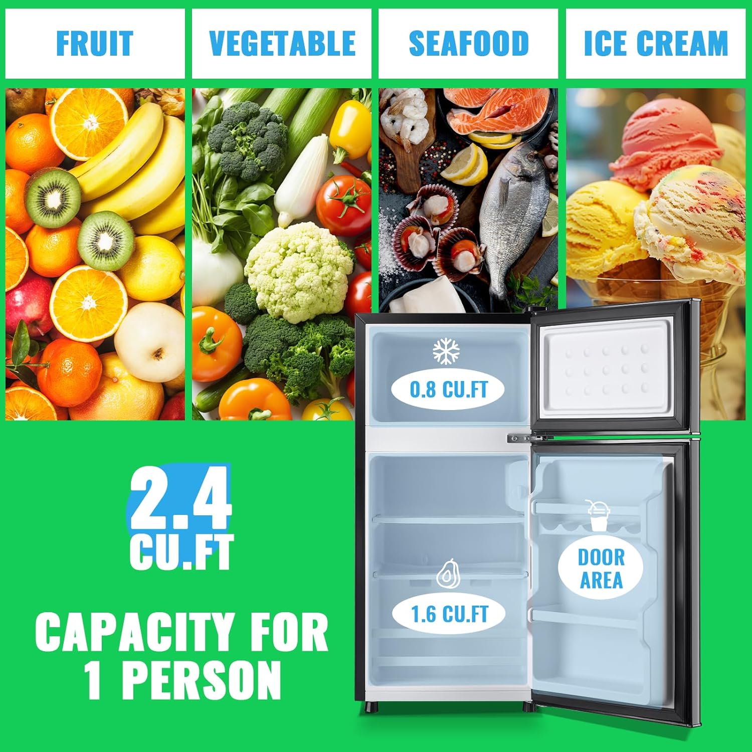 DEMULLER 2.4 Cu.ft Mini Fridge with Freezer Small Refrigerator with 7 Adjustable Temperature Control & Ajustable Feet, Compact Tiny Size Dorm Refrigerator Ideal for Kitchen Office Apt Dark Gray