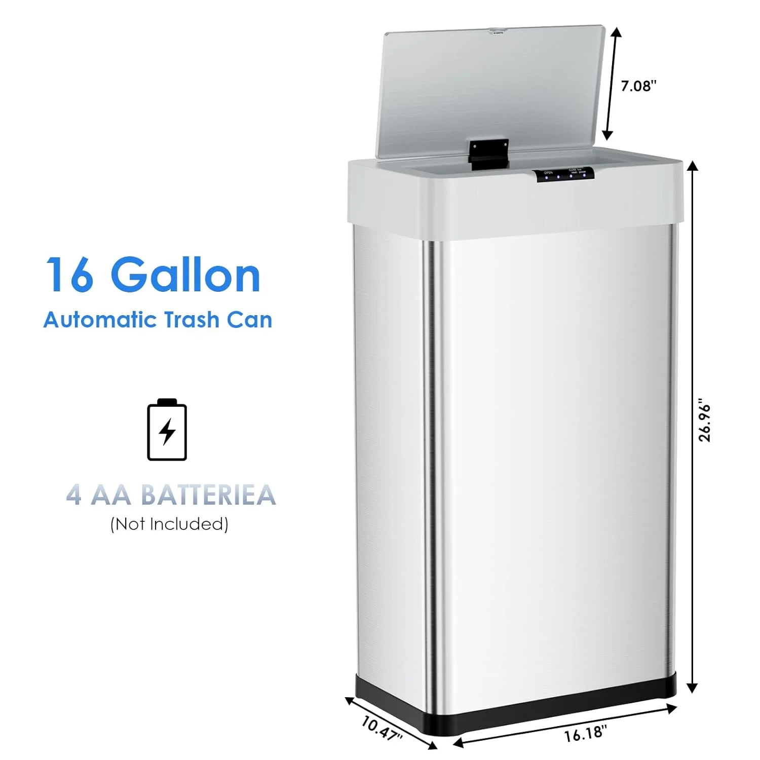 LAZY BUDDY 60 Liter / 16 Gallon Stainless Steel Motion Sensor Trash Can for Kitchen, Bathroom, Rectangular - Image 7