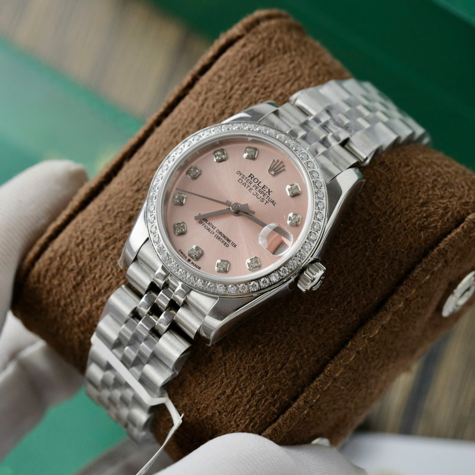 Rolex DateJust Replica Watch Womens Pink Dial Custom Moissanite Diamonds 31mm - Elite Watch Atelier