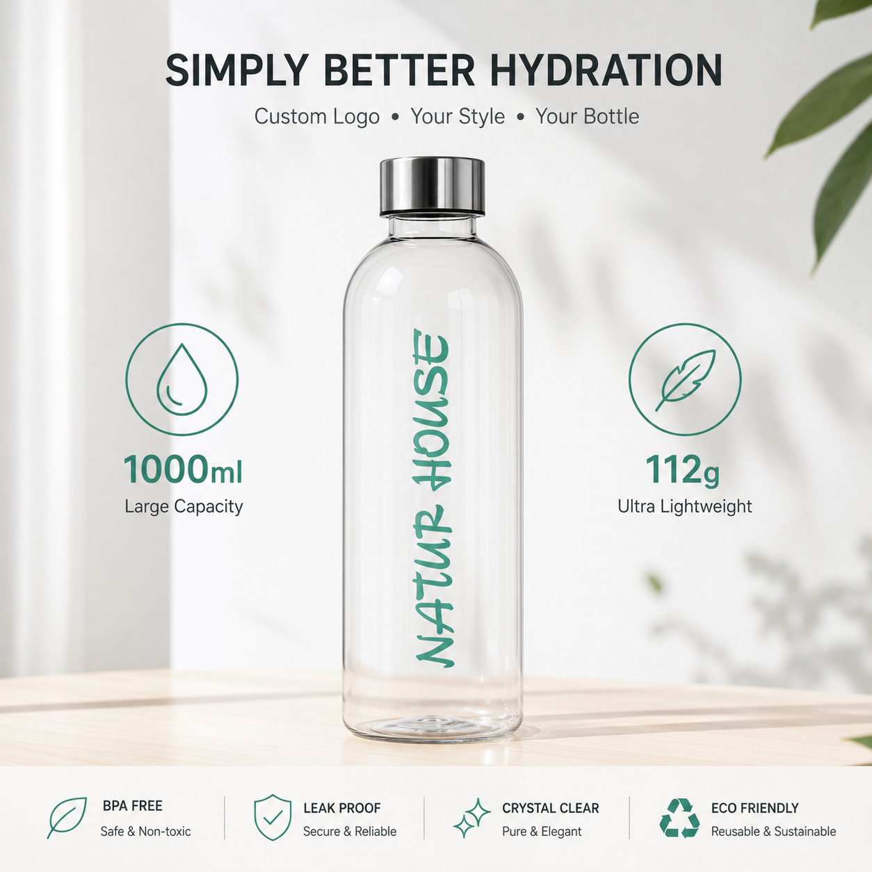 1000ml Plastic Sports Water Bottle with Stainless Steel Lid BPA Free Lightweight Portable Drink Bottle for Promotional Gift OEM