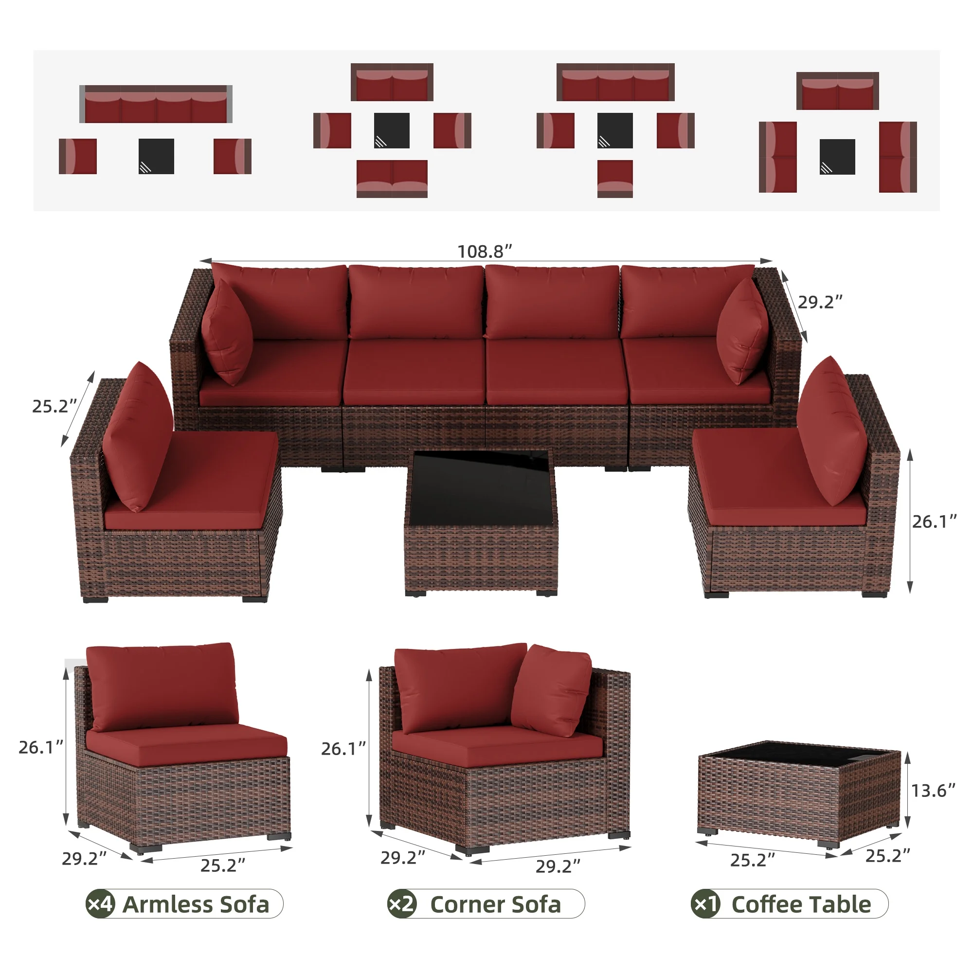 7 Pieces Patio Conversation Set, Outdoor Sectional PE Rattan Wicker Furniture Seat,Dark Gray - Image 22