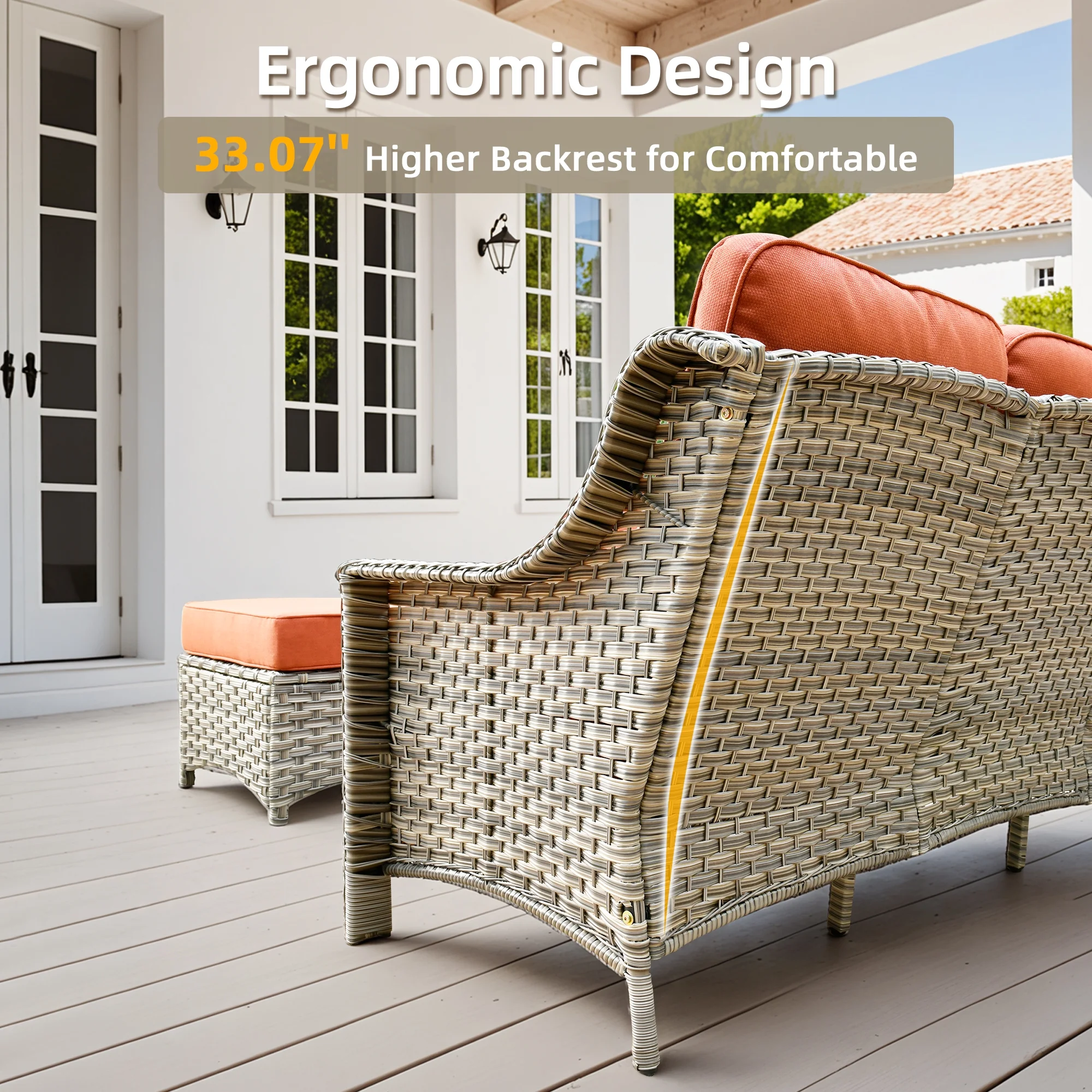 Ovios Outdoor Patio Sofa 3-Seater with Cushions All-Weather Wicker Rattan Couch for Garden, Porch, or Backyard - Image 42