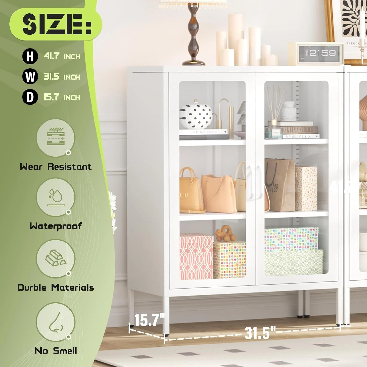 SUNCROWN Metal Storage Cabinet, Curio Display Cabinet with 2 Glass Display Door and 4 Shelves, Side Storage Organize, Modern Bookshelf Cabinet for livingroom, Bedroom, Kitchen, Black - Image 56