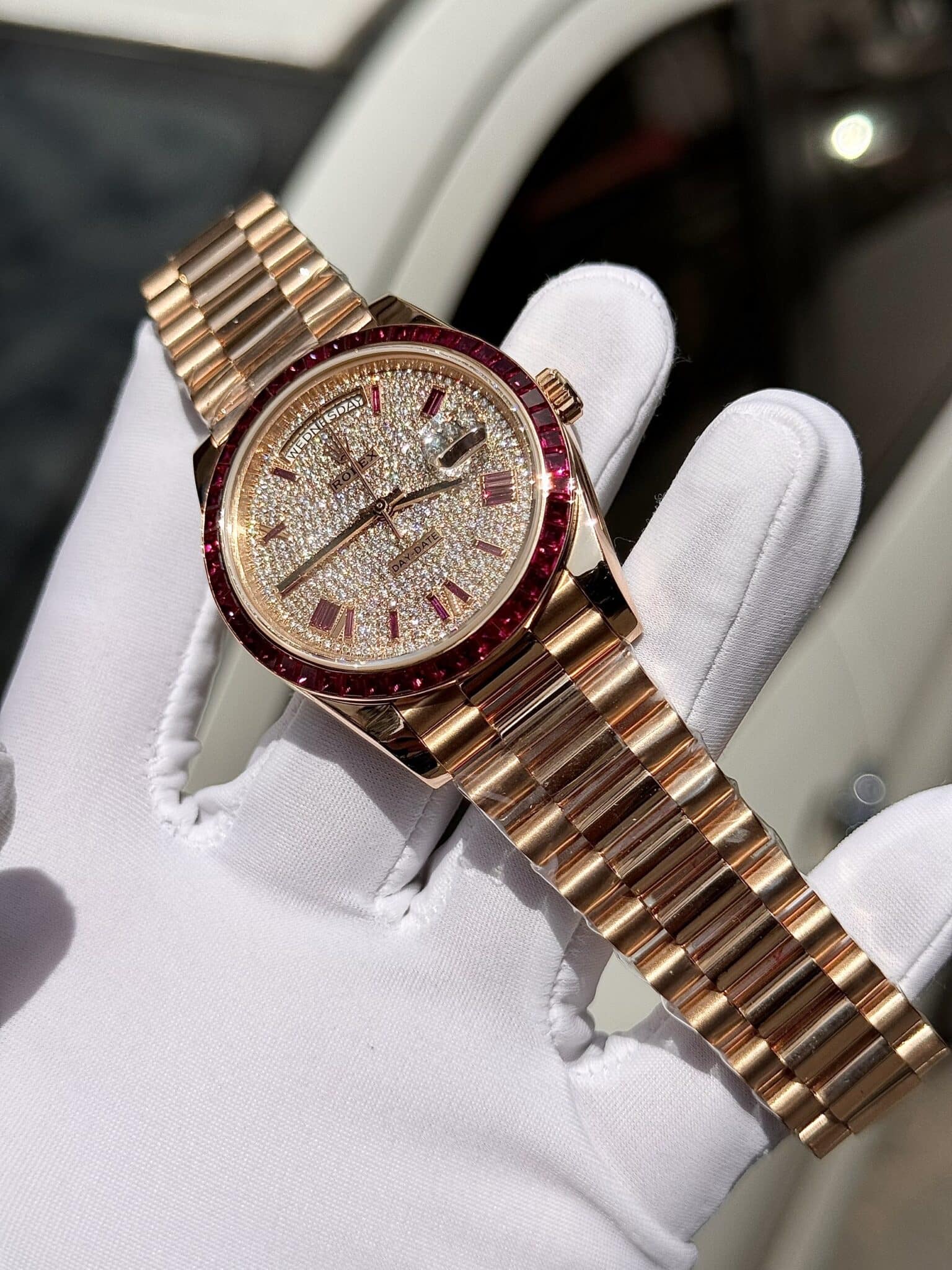 Rolex Best Replica Watch Day-Date Custom Ruby Red   Baguette Moissanite Diamonds GM Factory 40mm - Elite Watch Atelier