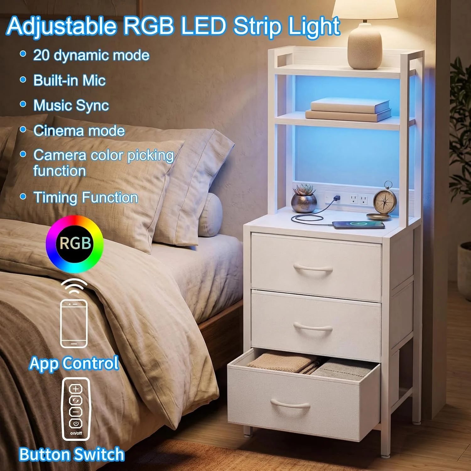 Tall White Nightstand with Charging Station, 3 Fabric Drawers, RGB LED & Bookshelf,White - Image 5 Tall White Nightstand with Charging Station, 3 Fabric Drawers, RGB LED & Bookshelf,White - Image 5