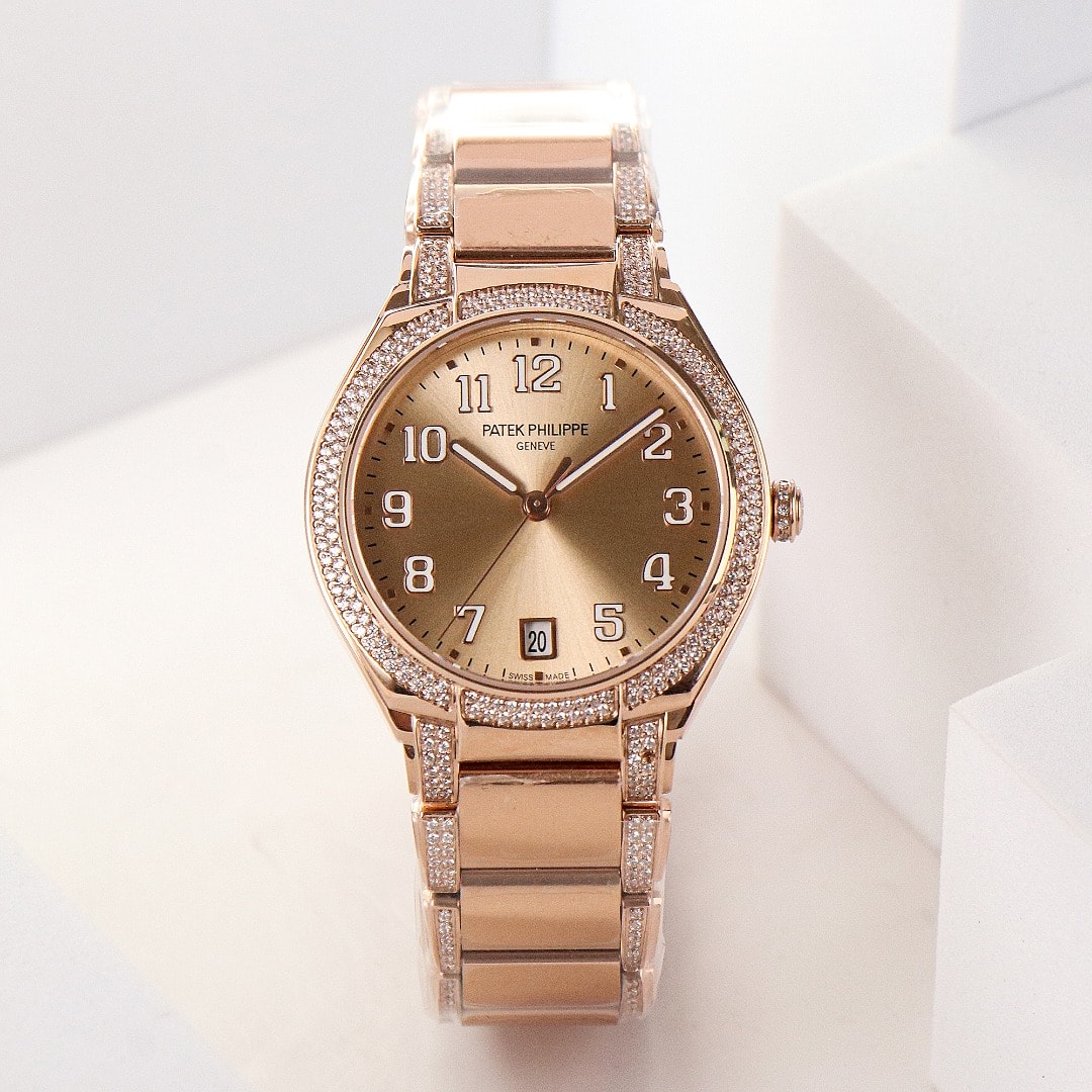 Fake Diamond Watch Replica Patek Philippe Twenty~4 Ladies Rose Gold/Diamonds Brown Dial 7300/1201R-010(1:1 replica) - Top club