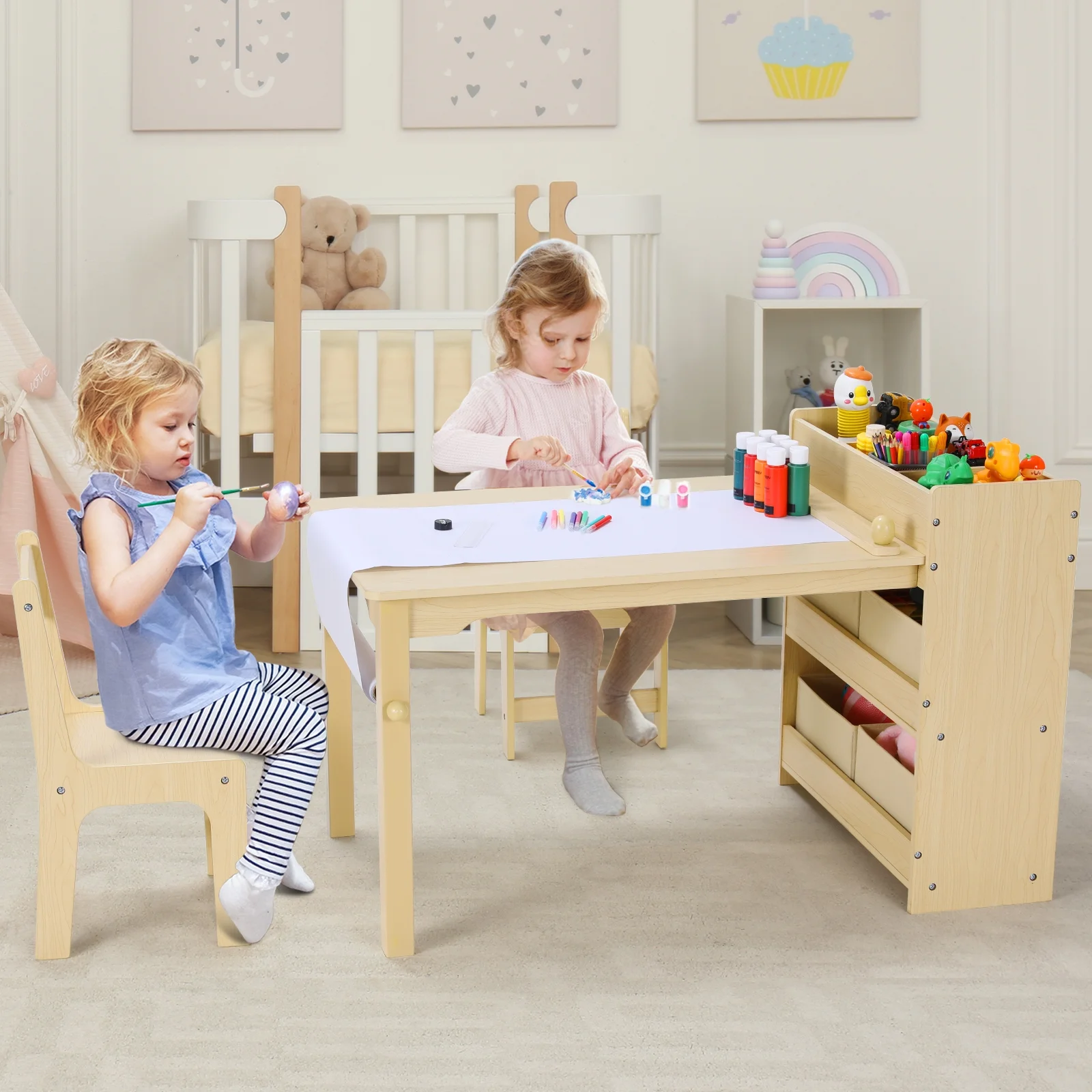 Pirecart Kids Art Table and 2 Chairs Toddler Craft Set Wooden Play Activity Drawing Table with 4 Storage Bins and Paper Roll - Image 4