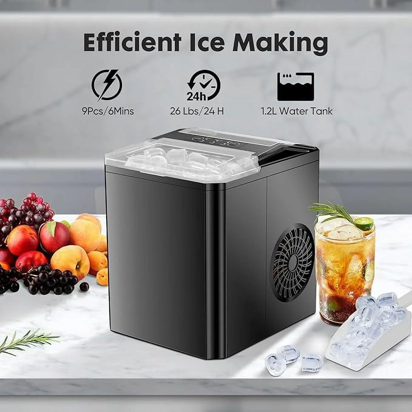ZUNMOS Countertop Ice Maker,9 Cubes in 6 Minutes, Self-Cleaning, with Ice Basket & Scoop, Black