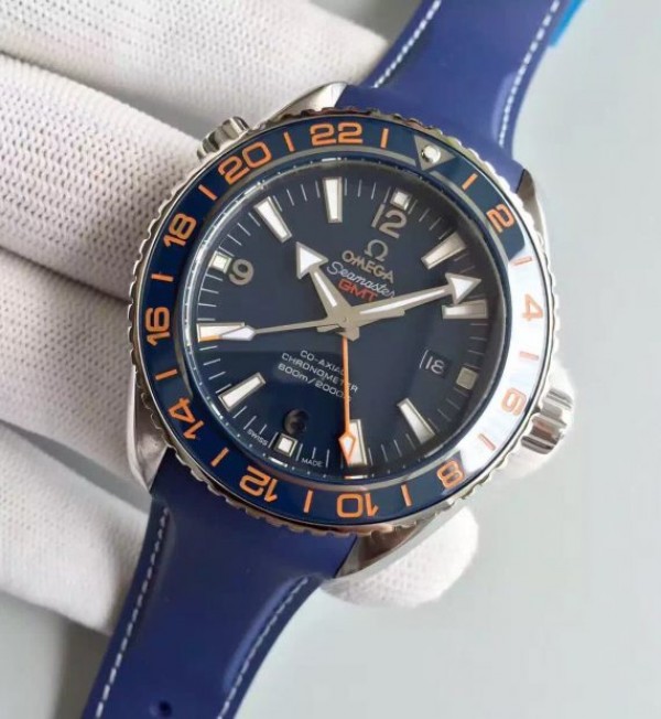 Replica Omega Planet Ocean GMT Goodplanet Blue Bezel Orange Marker Blue Dial Rubber A8605 - Elite Watch Atelier