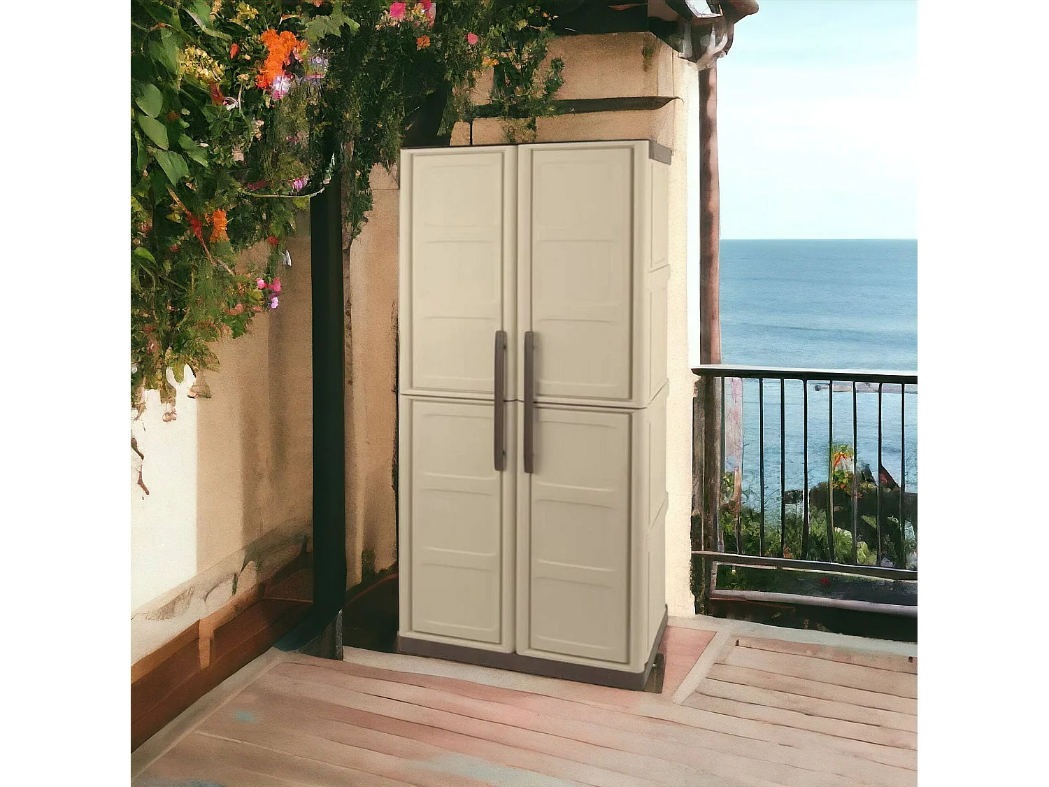 Armoire d'extérieur Avelgem, Armoire de balcon polyvalente, armoire à balais 2 portes, 100% Made in Italy, 70x47h178 cm, Beige et Marron, Finition damier