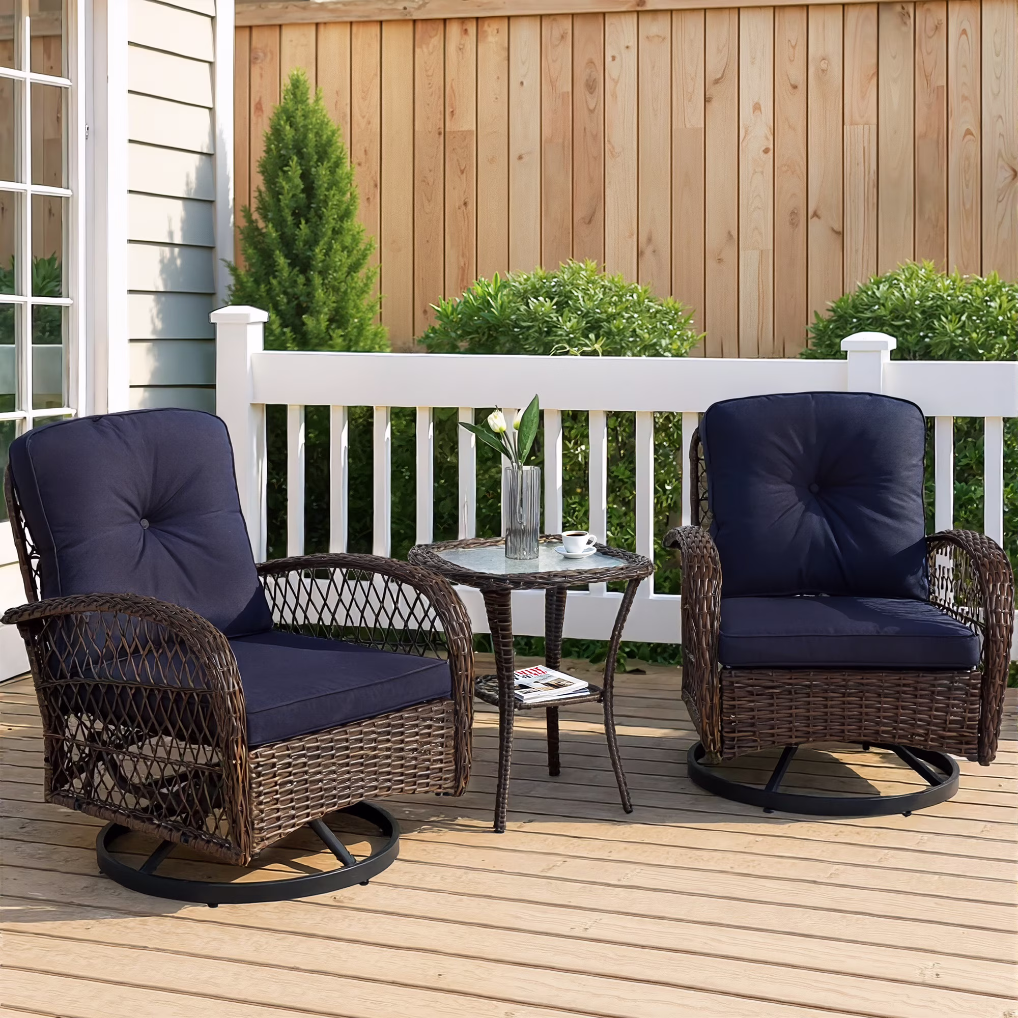 3 Piece Patio Swivel Rocker Chairs Set, 2 360-Degree Swivel Rocking Chairs with 1 Glass Top Table, PE Rattan Outdoor Bistro Set with Cushions for Balcony Deck Poolside Backyard Porch - Image 3