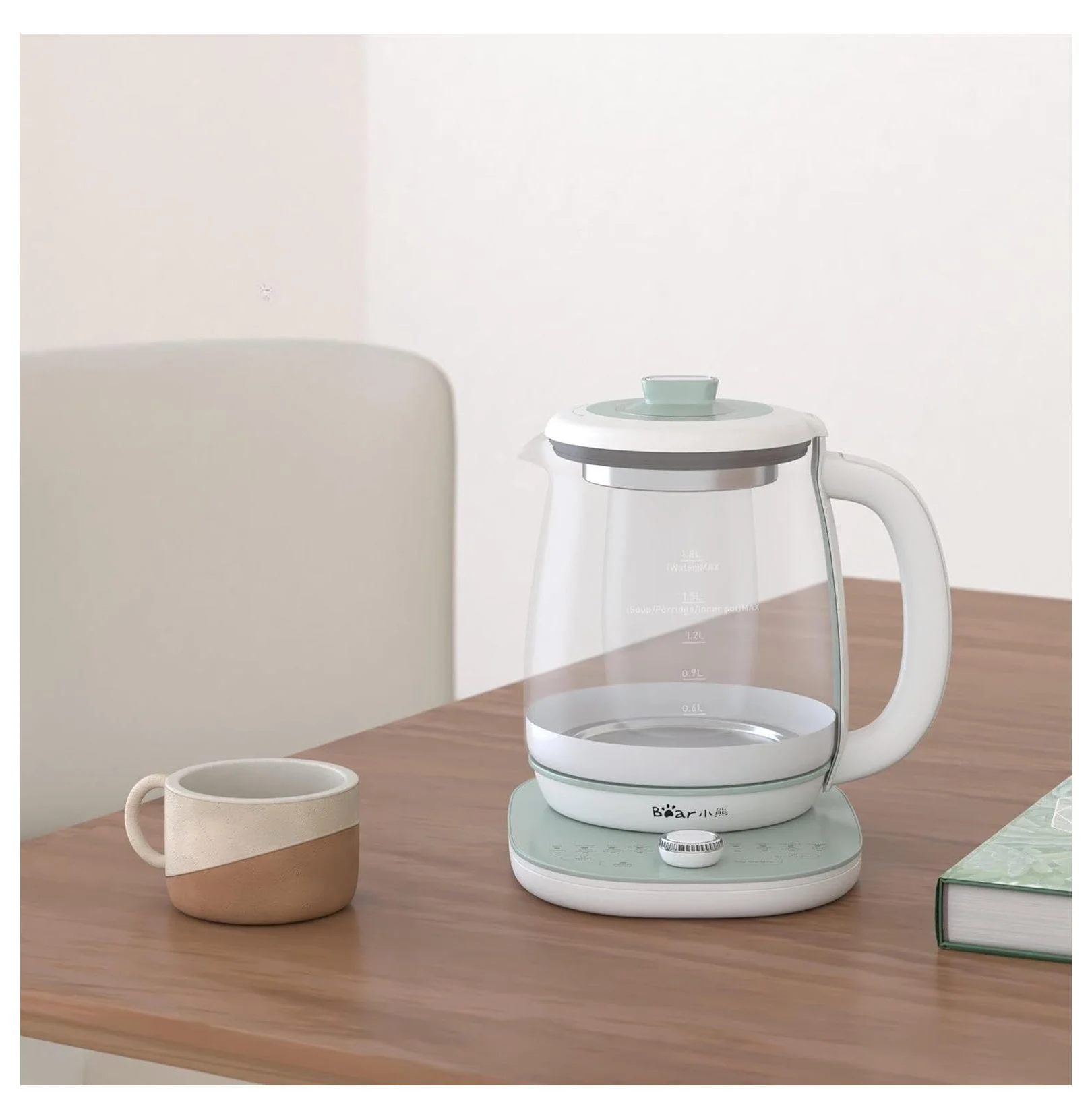 Bear Electric Kettle with Infuser & Stew Pot - 1.8L Health Pot, 16 Menus, Glass Kettle, Tea Maker, 120V, Green