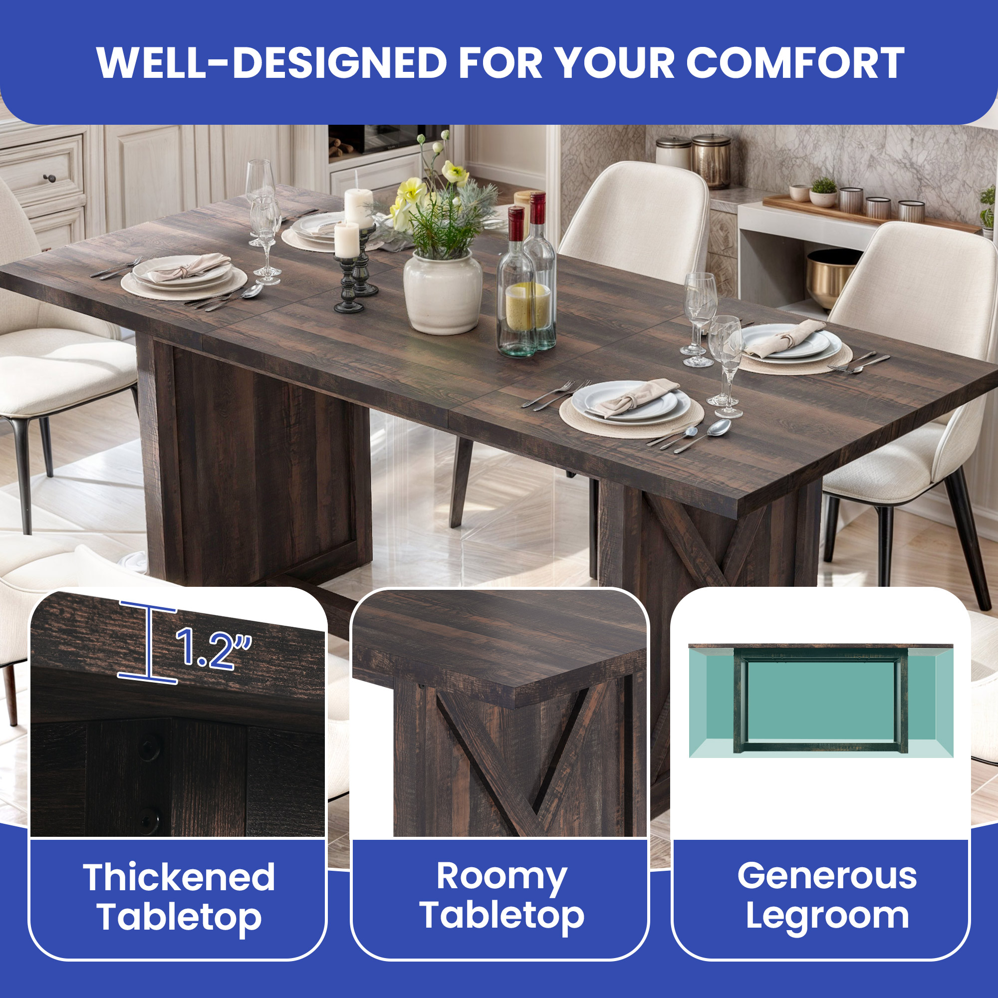 ModFusion 5.9ft Dining Table for 6 to 8 people, Wood Kitchen, 2.6x2.4 ft Rectangular Home Desk, Farmhouse Rustic Gray