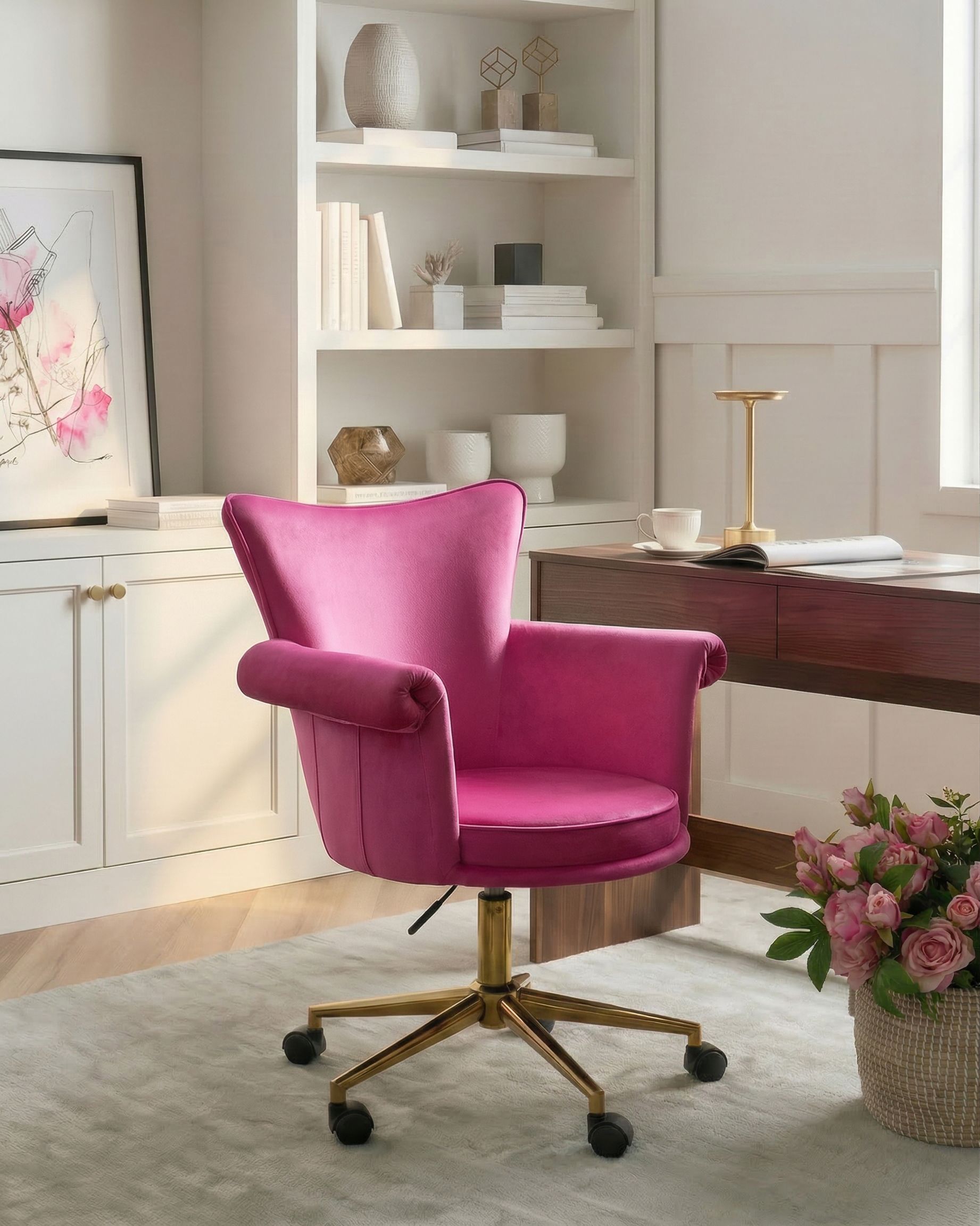 Desk Chair VELENCIA Velvet Fuchsia Pink