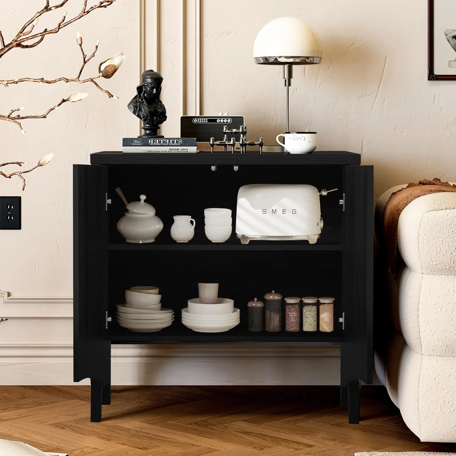 LEFHDA 2PCS Buffet Cabinet, Sideboard Cabinet with Storage, Accent Storage Cabinet with Carved Arc Door Design for Kitchen Dining Room, 2 Doors Buffet Cabinet with Adjustable Shelves - Image 26