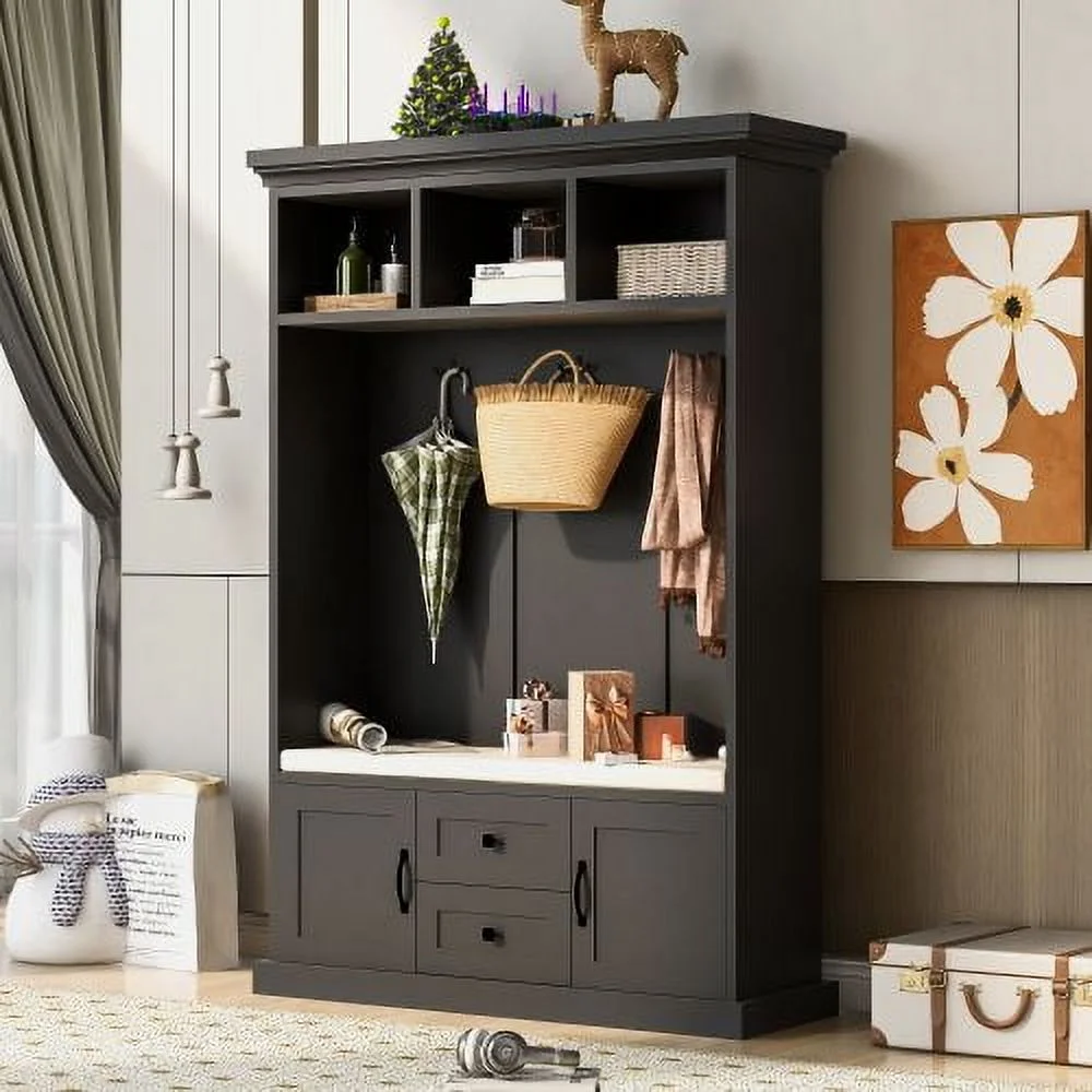 Hall Tree with Storage Bench, 47.2'' Wooden Coat Rack with 2 Cabinet and 2 Drawers, 3-in-1 Storage Locker with Cushion and 3 Hooks for Mudrooms Organization Entryway Living Room, Black