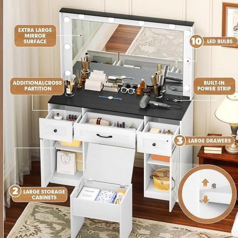 Vanity Table Set with Lighted Mirror,Makeup Dressing Table with 10 Light Bulbs and Touch Switch, 2 Large Drawers and Cushioned Stool for Women Girls Fit Bedroom, Bathroom (White)