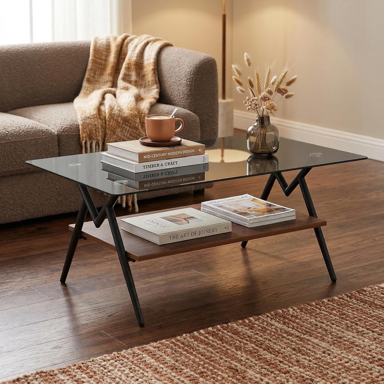 Casaphoria Rectangle Coffee Table for Living Room, Industrial 2-Tier Center Table with Gray Tempered Glass Top & Brown MDF Storage Shelf, Metal Legs, 220 lbs Weight Capacity (38.6