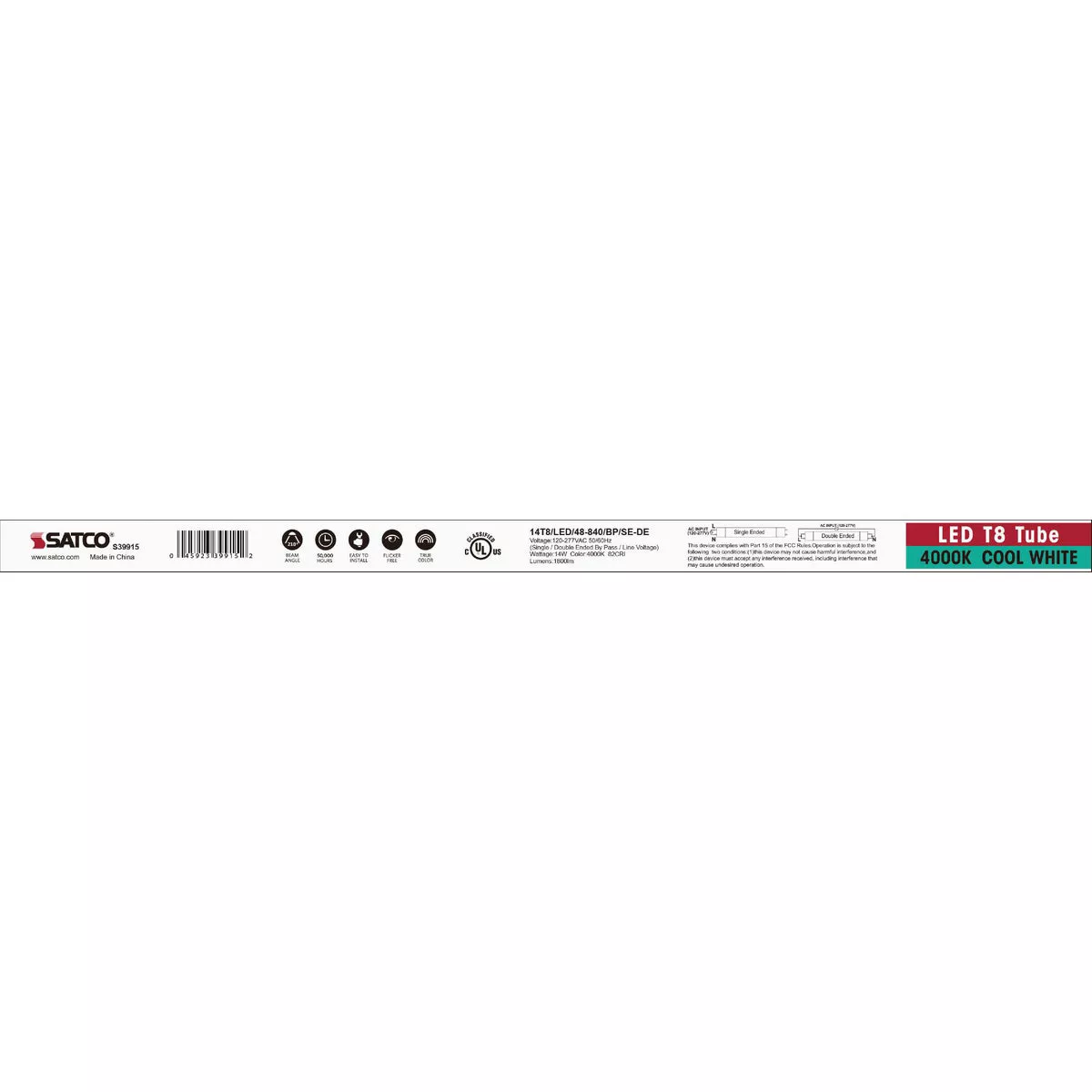 Satco 32W Equivalent 48 In. Cool White T8 Medium Bi-Pin Ballast Bypass DLC Listed LED Tube Light Bulb