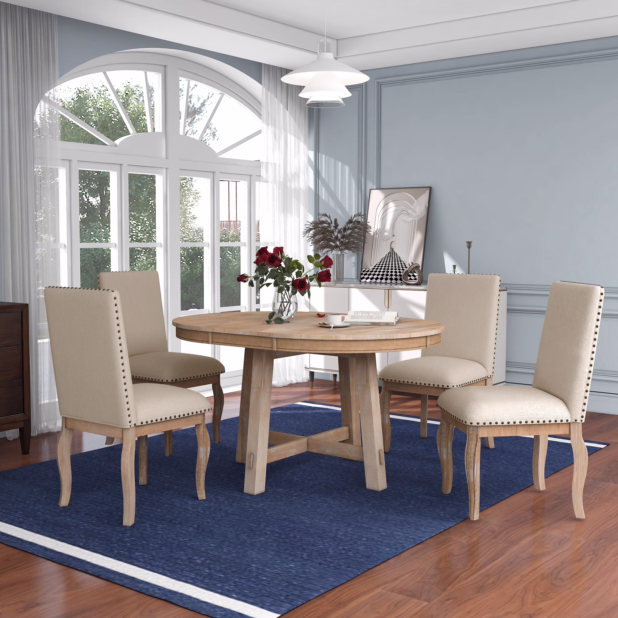 Sumdeal 5-Piece Farmhouse Dining Table Set, Wood Round Extendable Dining Table and 4 Upholstered Dining Chairs (Espresso-1Table 4 Chairs) - Image 7