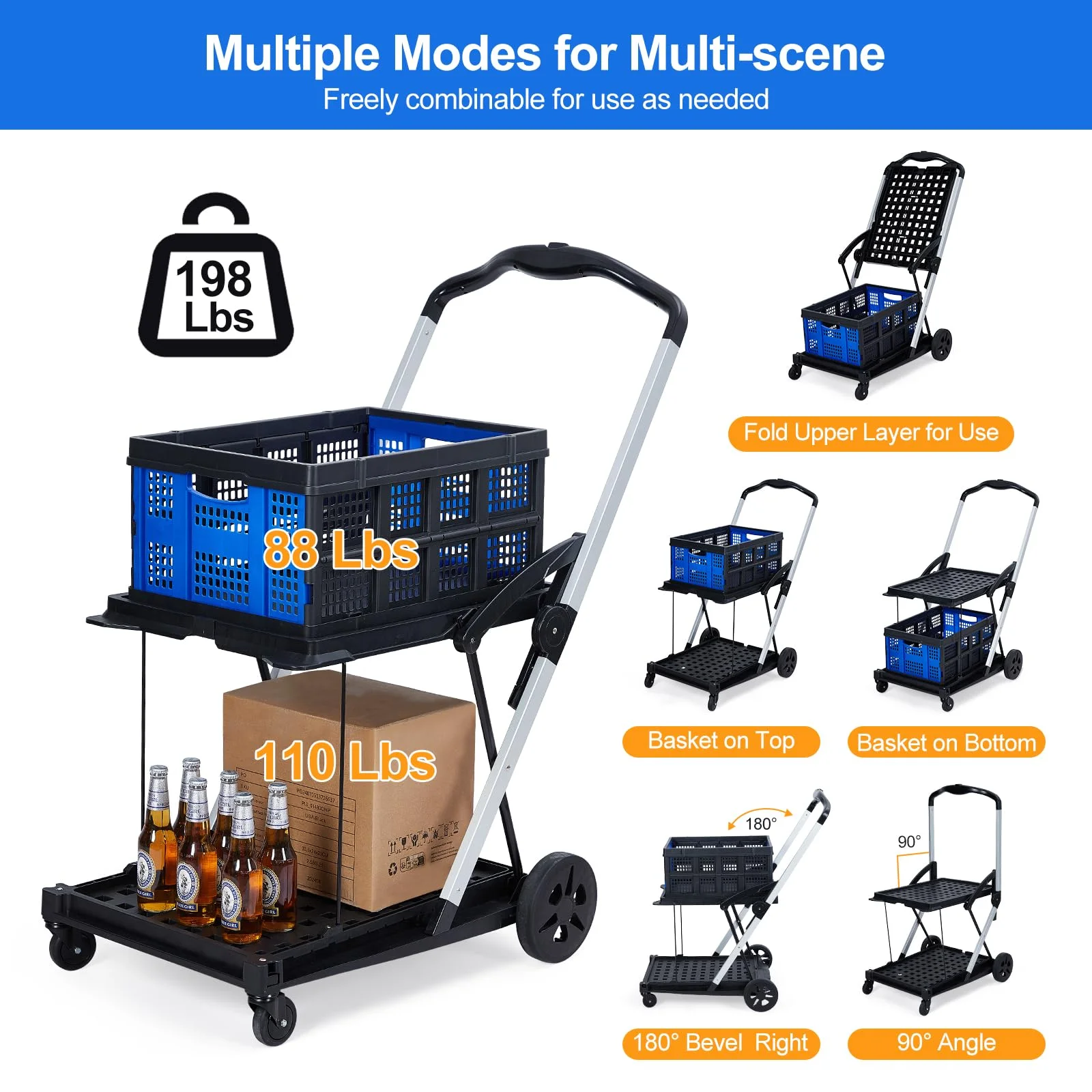 Collapsible Utility Cart, Multi Use Functional Collapsible Shopping Carts, 2-Tier Collapsible Shopping Cart with Storage Crates, Heavy Duty Utility Cart Folding Trolley for Shopping, Picnic and Office - Image 6