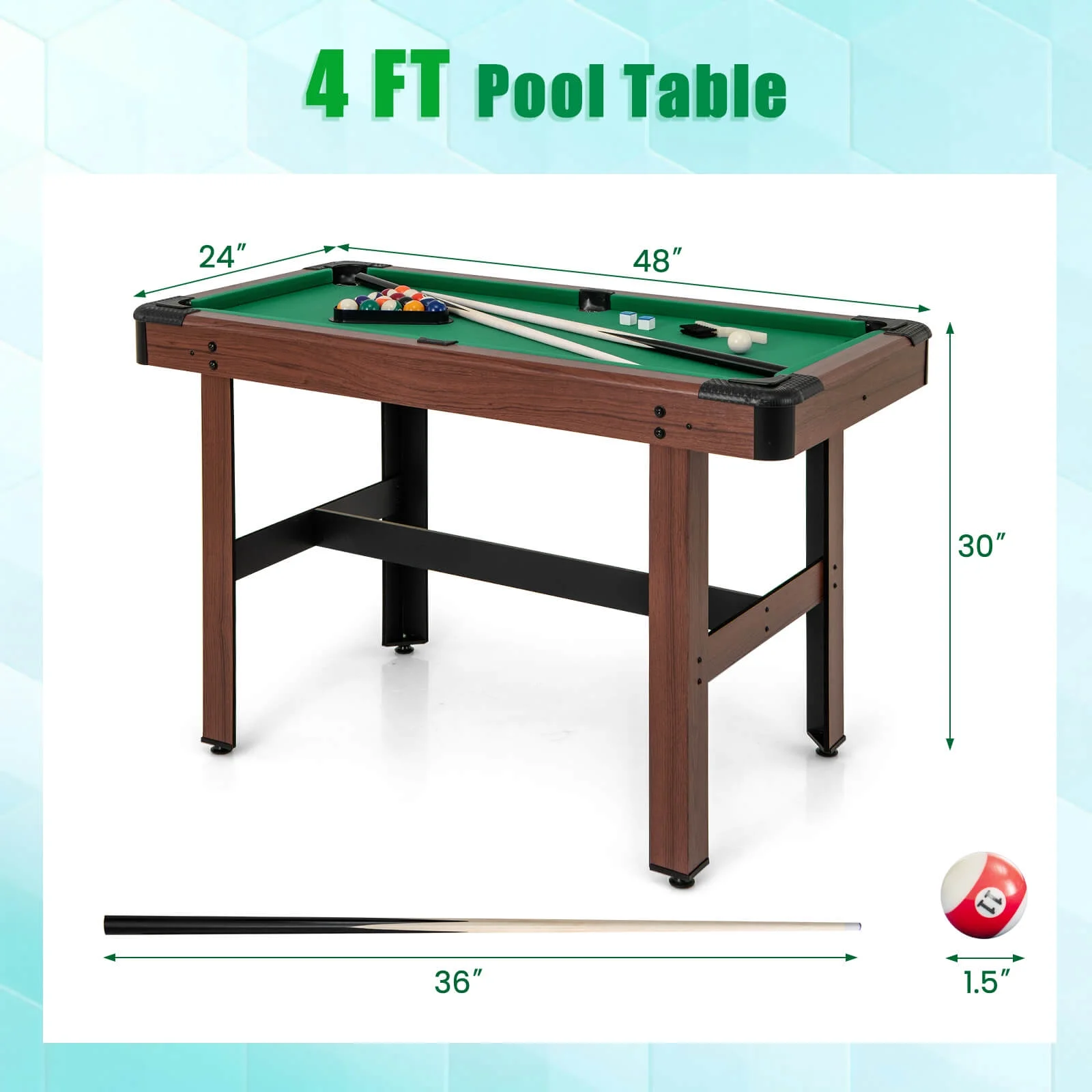 Costway 48" Pool Table for Kids & Adults with Full Set of Balls 2 Cue Sticks 2 Chalks Green - Image 4