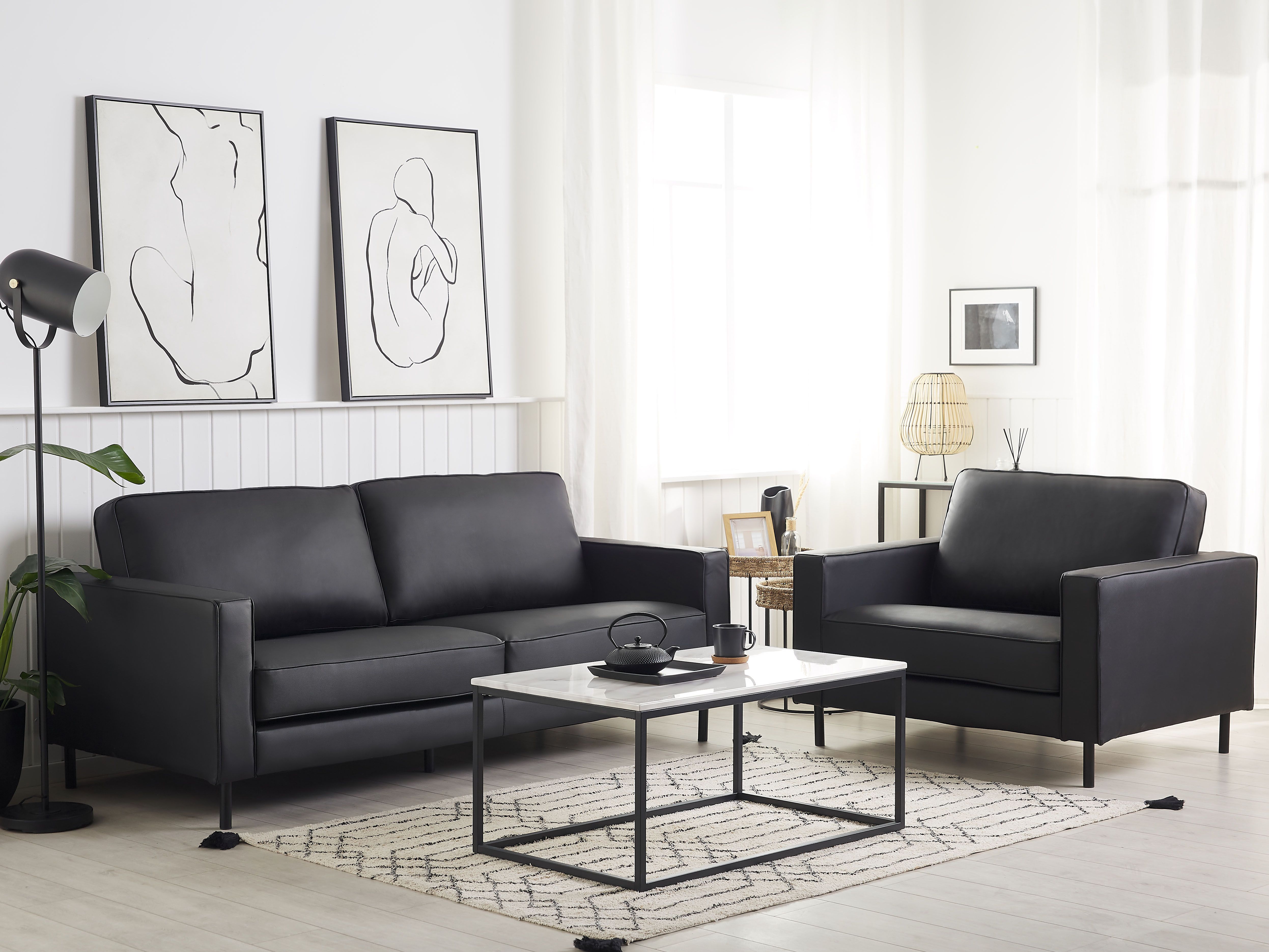 Living Room Set 4 Seater SAVALEN Leather Black