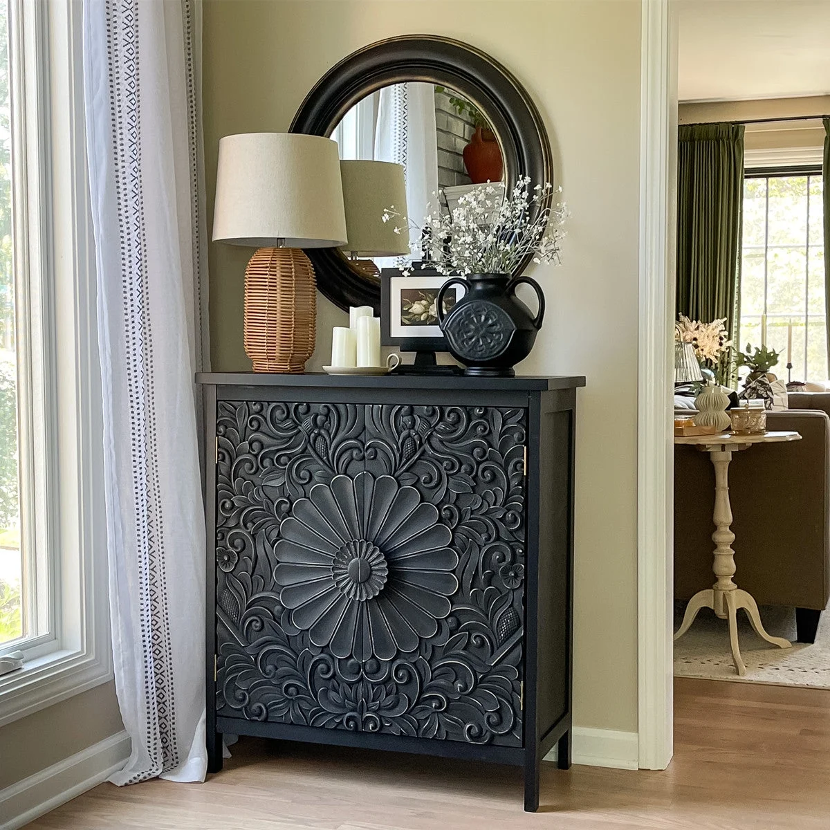 Alpha Joy Storage Cabinet with 2 Doors, Wood Accent Cabinet with Flower Pattern For Living Room, Dining Room, Black