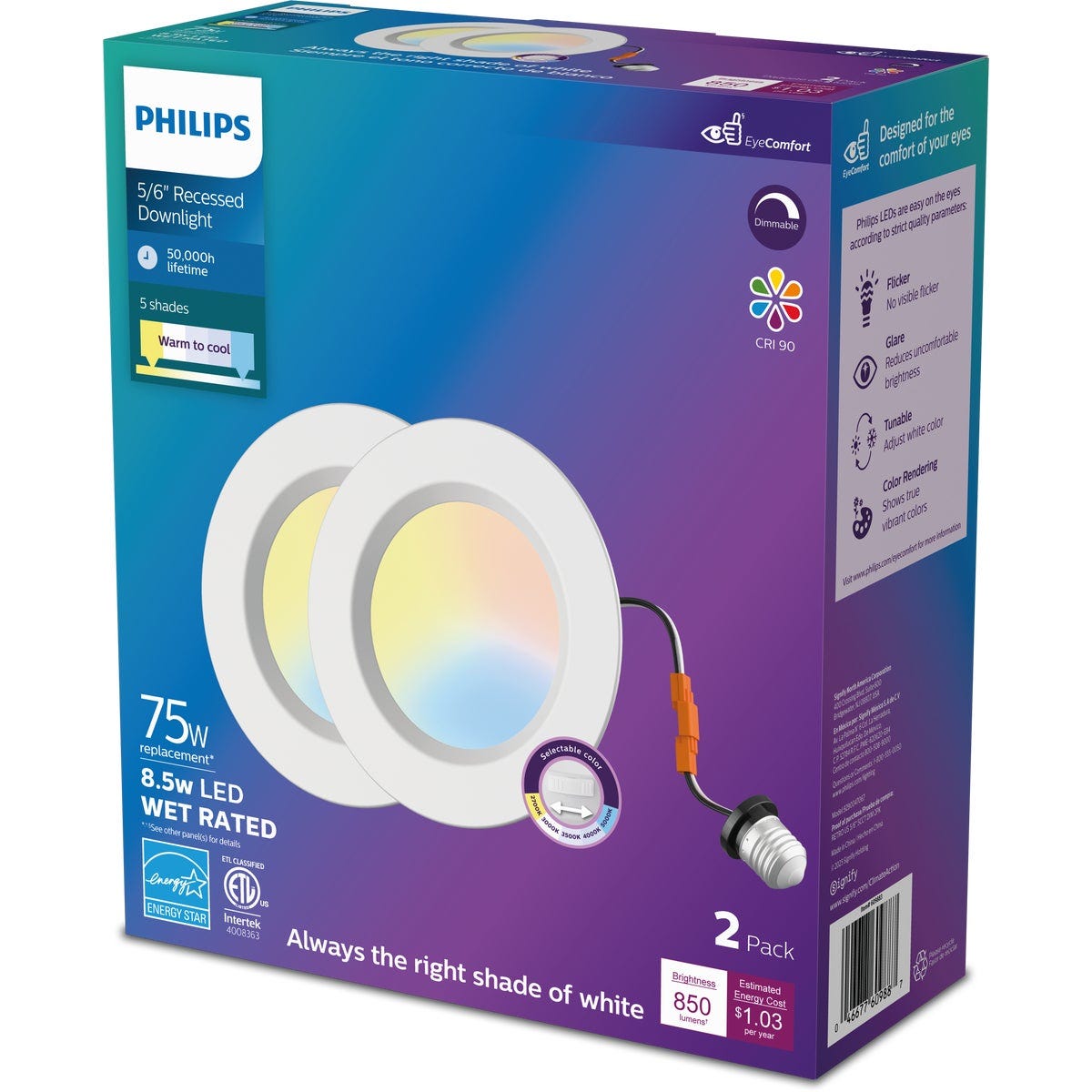 Philips 6 In. 11.5W Selectable CCT White LED Retrofit Recessed Light Kit (2-Pack)