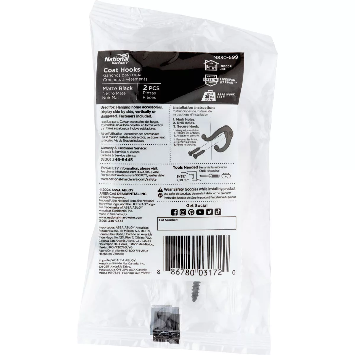 National Hardware Matte Black Coat Hook (2-Pack Bagged)