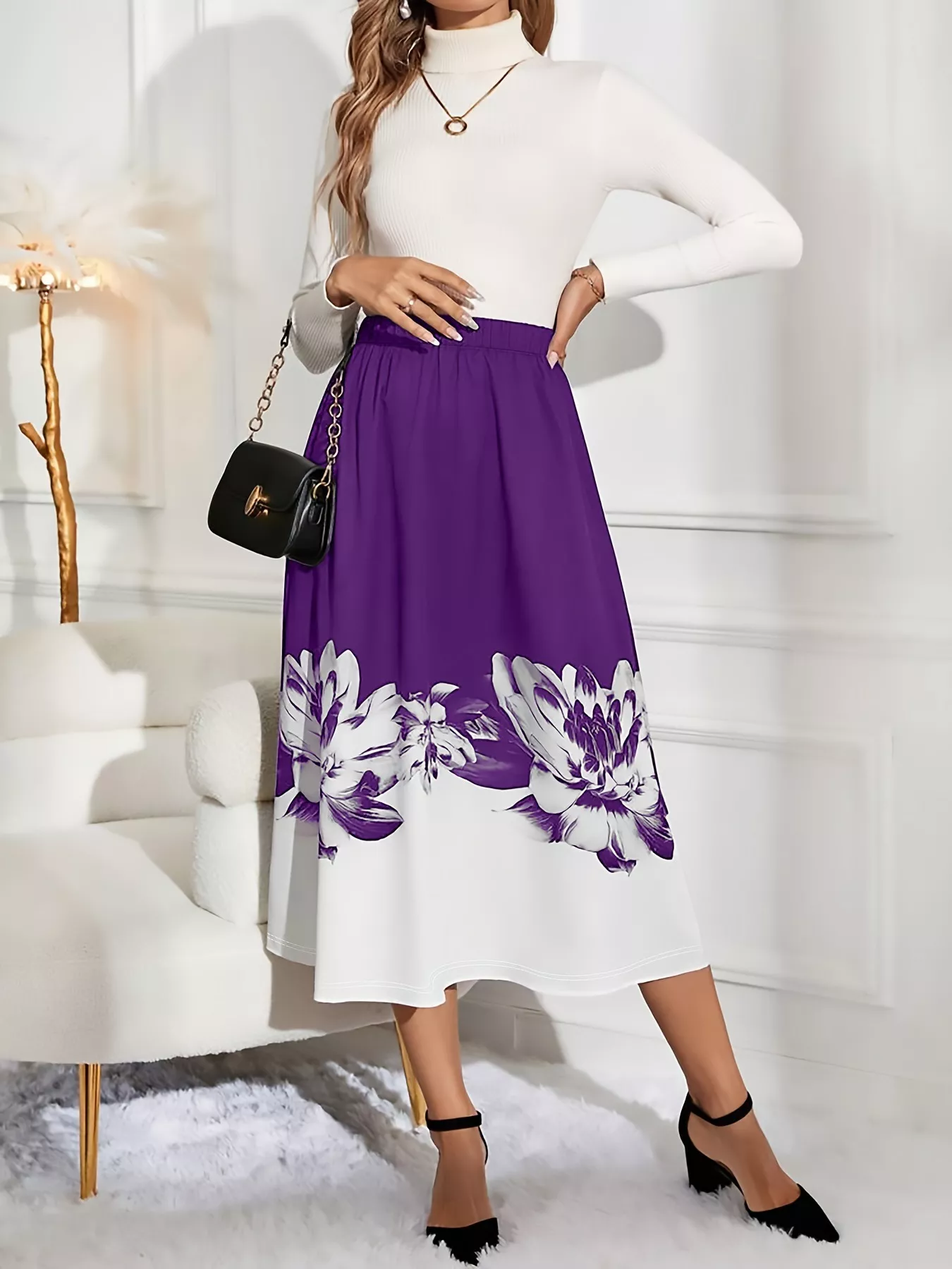 Floral Print A-Line Midi Skirt - ZKZOOK