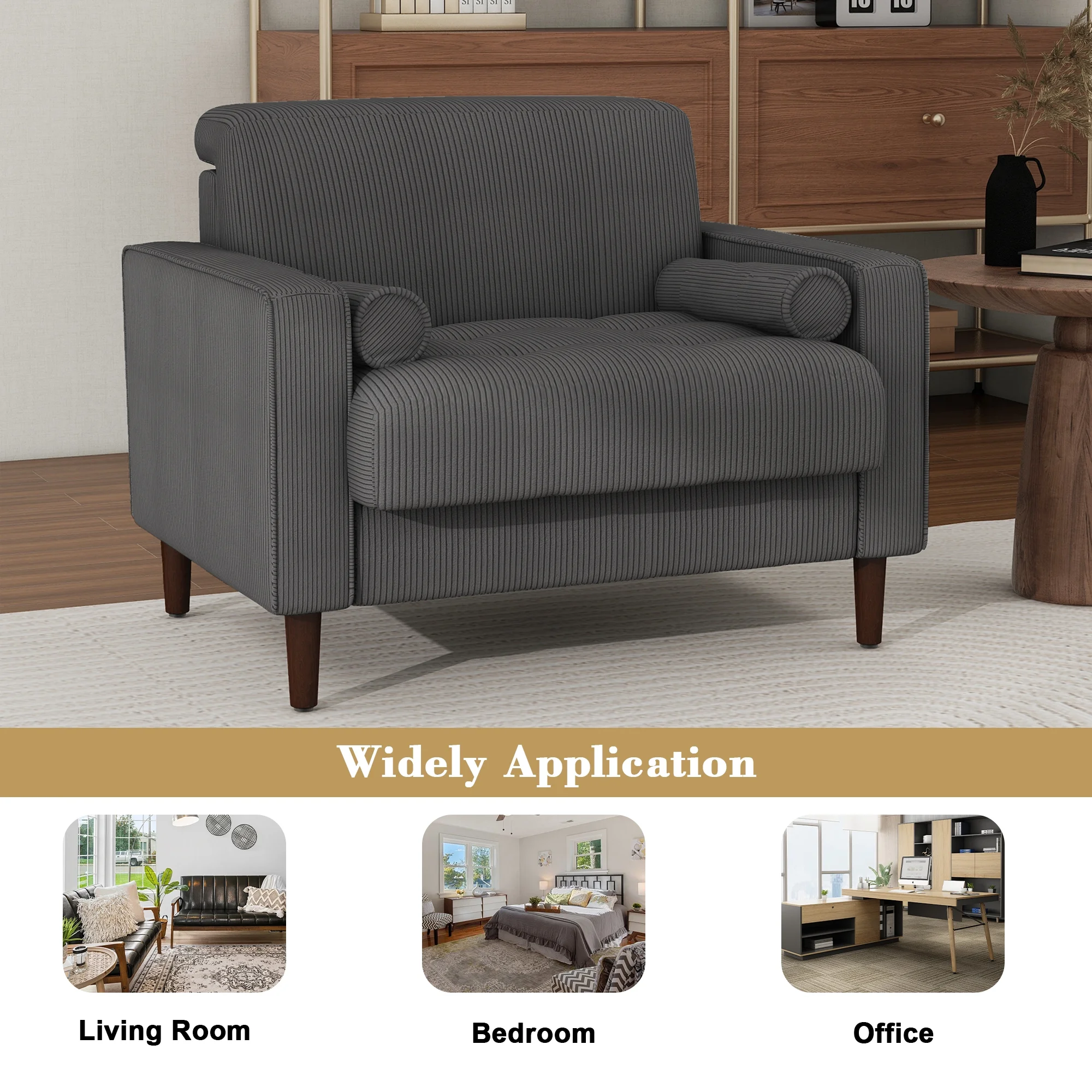 UIXE Corduroy Accent Chair Modern Upholstered Arm Chairs Comfy Reading Armchair with Pillow Armrest Tufted Living Room Single Sofa Lounge Seat, Yellow - Image 12